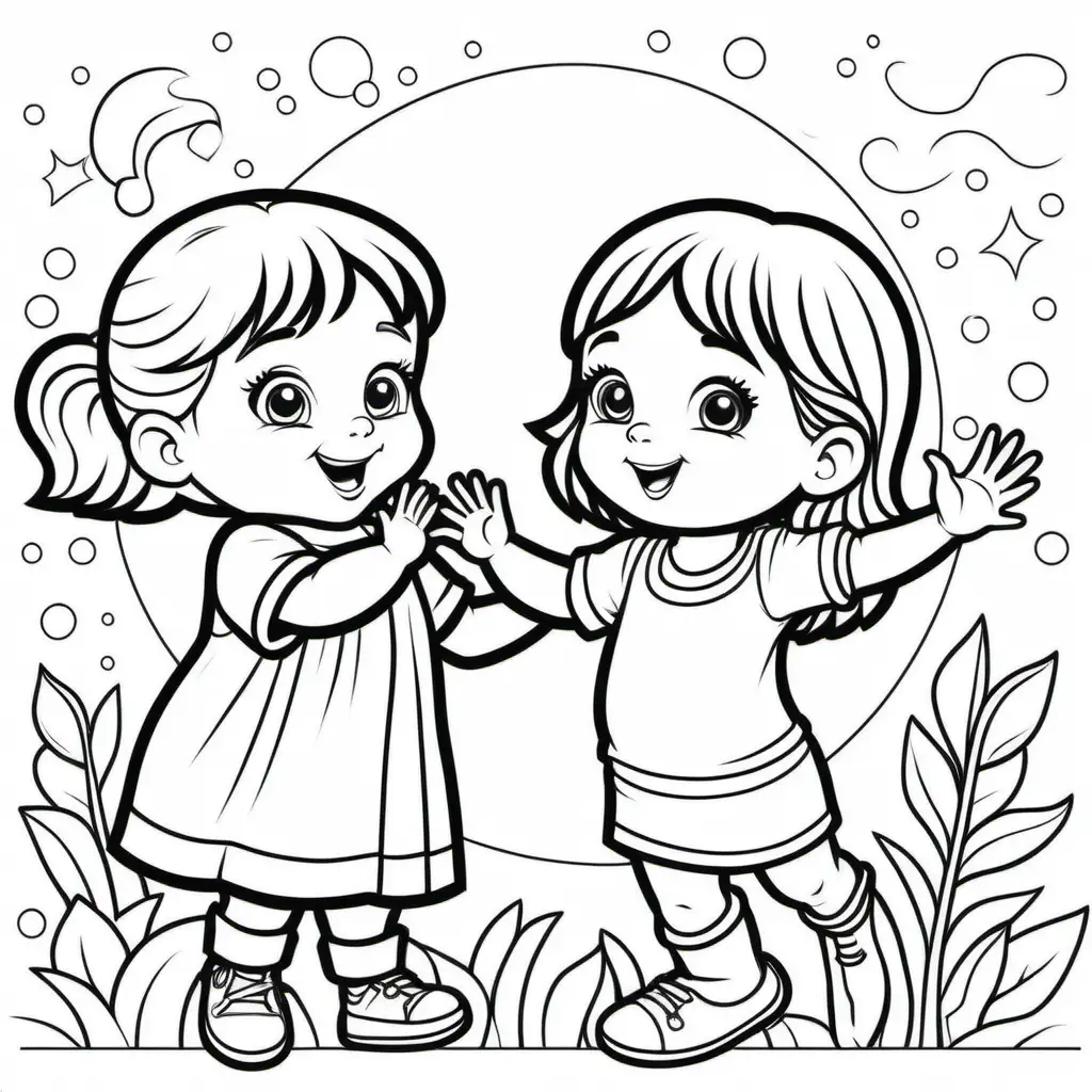 Joyful Baby and Girl HighFiving in Simple Coloring Book Illustration