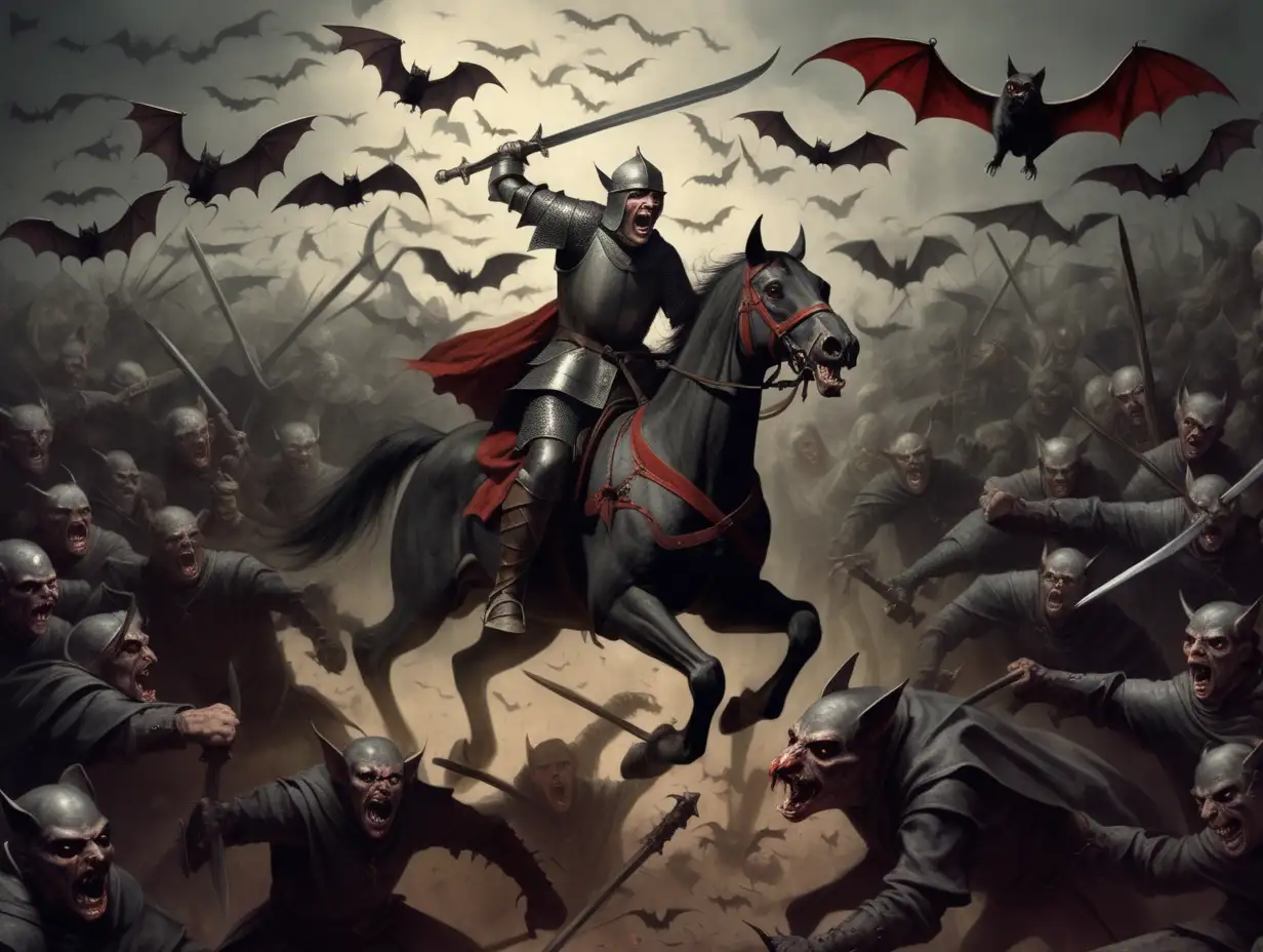 13th century warrior on horseback fighting a horde of vampire bats