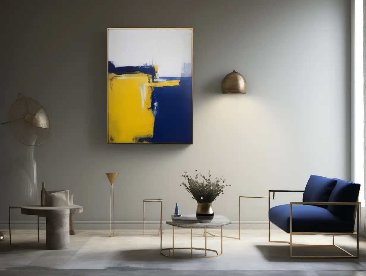Display "Tranquil Serenity - B" (10cm in the length and 10cm in the width) in an innovative interior concept, adjusting its scale for perfect harmony within a new setting. This painting, with its abstract expressionist strokes of deep blue and bright yellow, provides an energetic contrast to an interior that boasts industrial chic or Scandinavian simplicity. The boldness of the artwork, encased in a minimalist golden frame, becomes a central element in a space that blends raw textures with refined finishes. Imagine this canvas against exposed brick or surrounded by sleek, modern furniture in monochrome tones, where its presence introduces a splash of color and a breath of inspiration to an otherwise muted palette. Home only chair and floor lamp