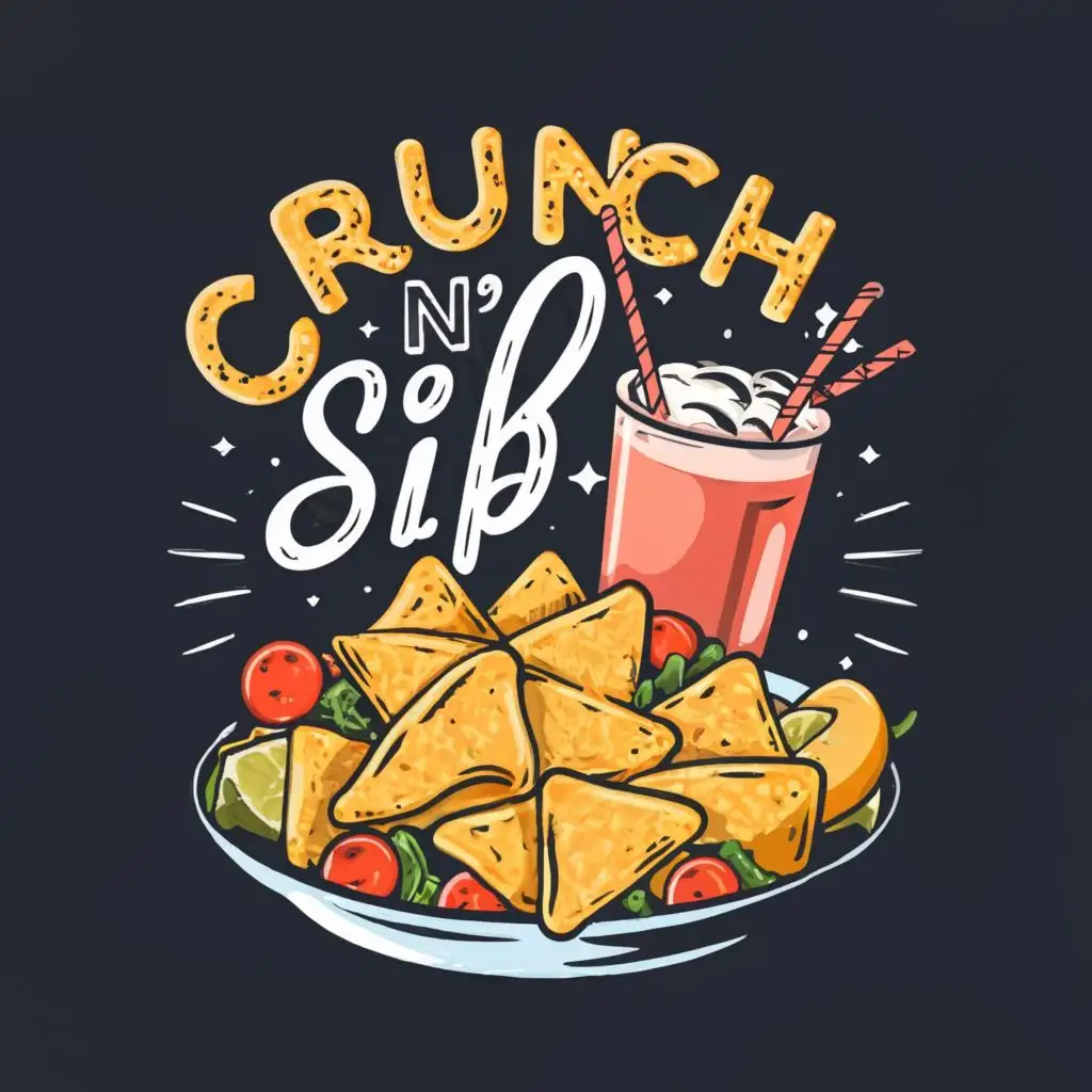logo, nachos with a drink, with the text "crunch n' sip", typography, be used in Restaurant industry