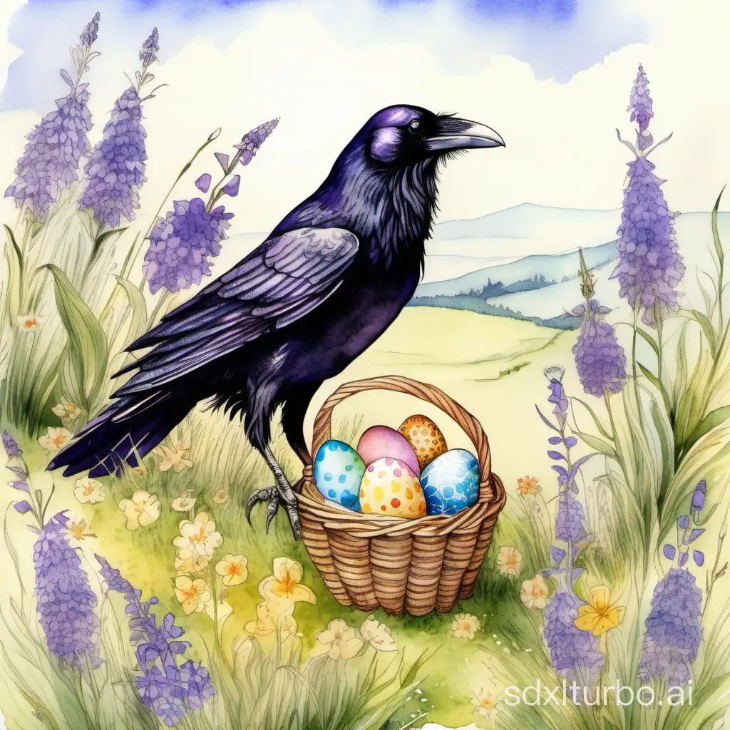 raven carries an easter egg in a larbe basket, flowering meadow in the background, highly detailed and delicate drawing, watercolor