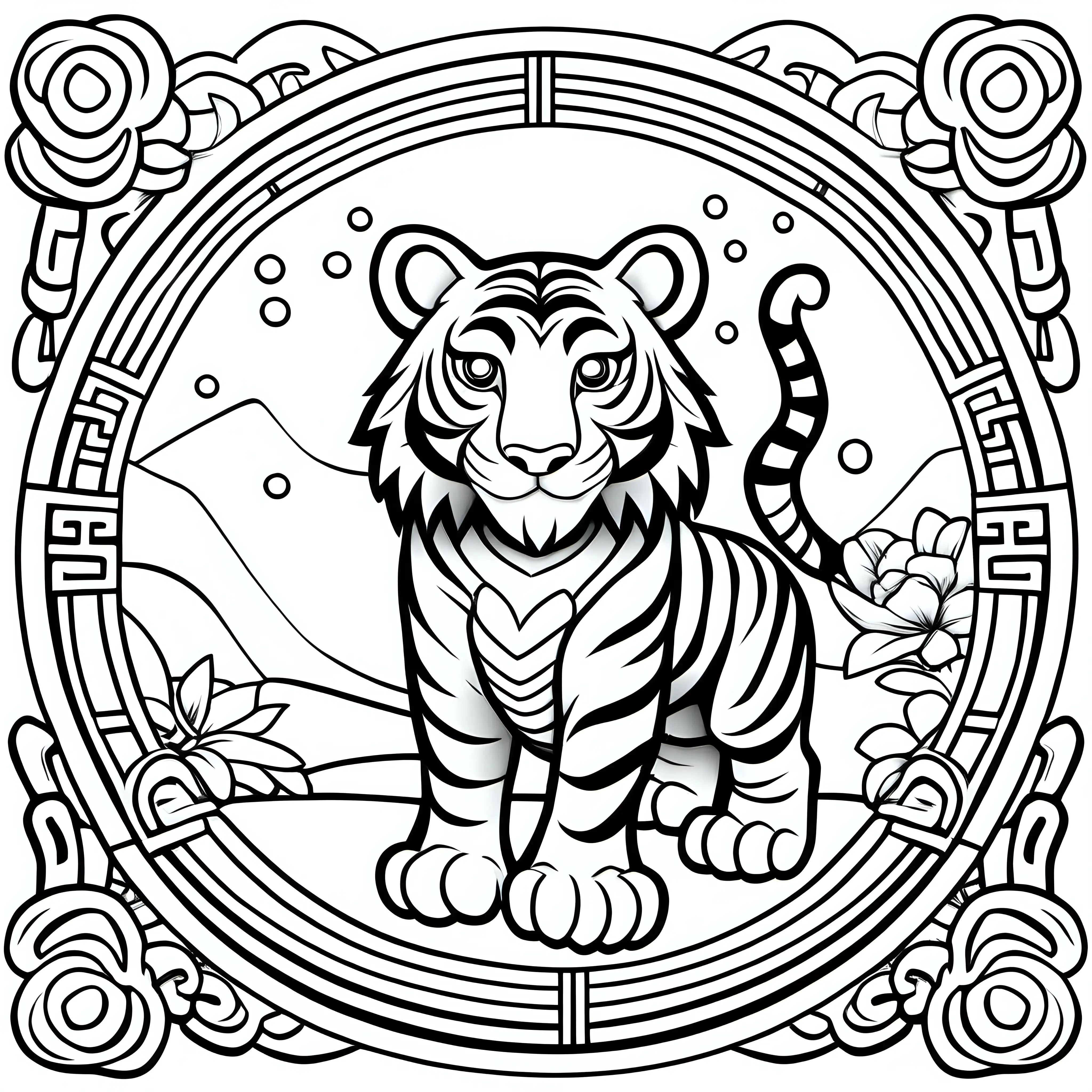 kids colouring book page, lunar new year, Chinese zodiac tiger, cartoon style, no shading, black and white only
