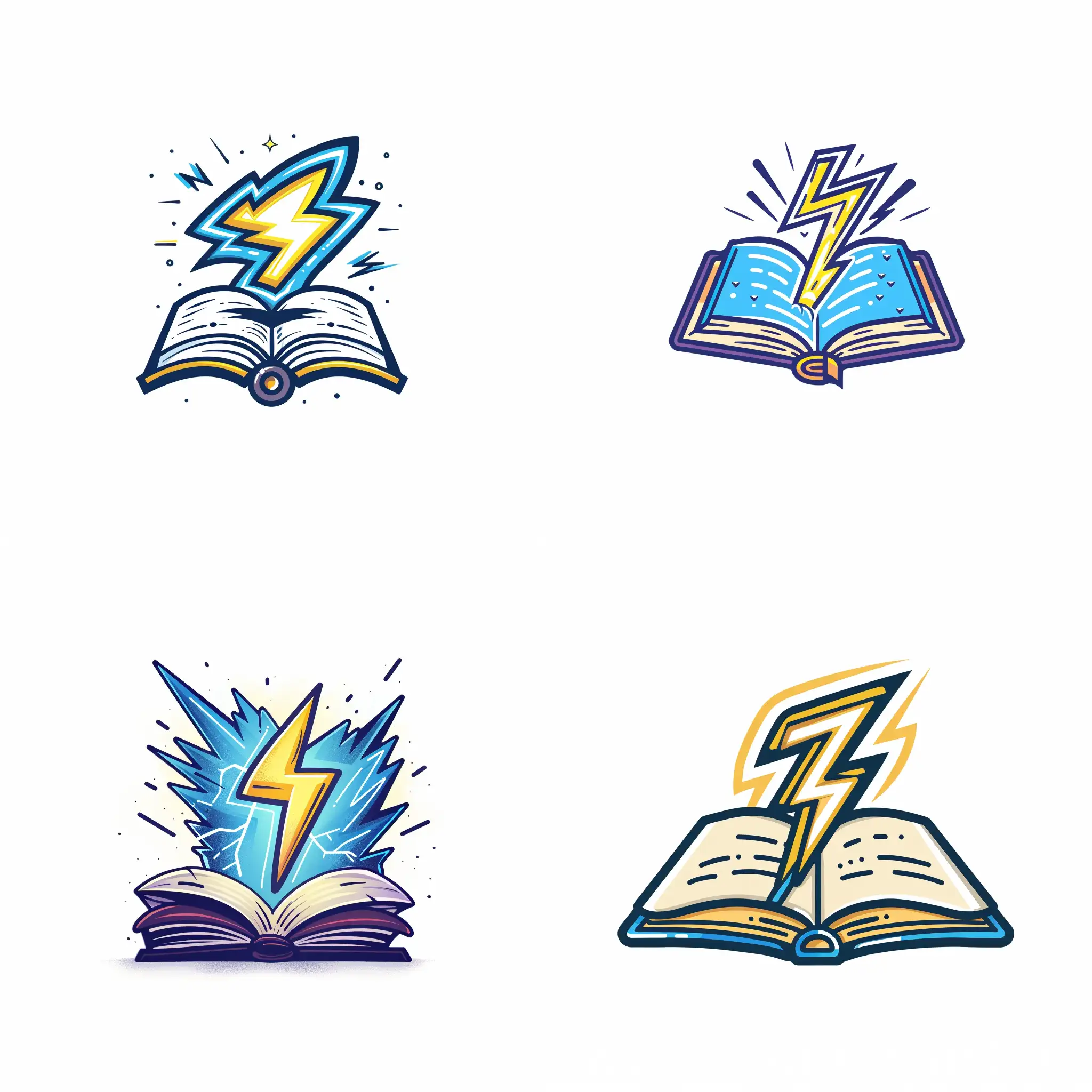 Make me a logo for my education platform company on a white background that is cartoon style of a lightning bolt going through a book.