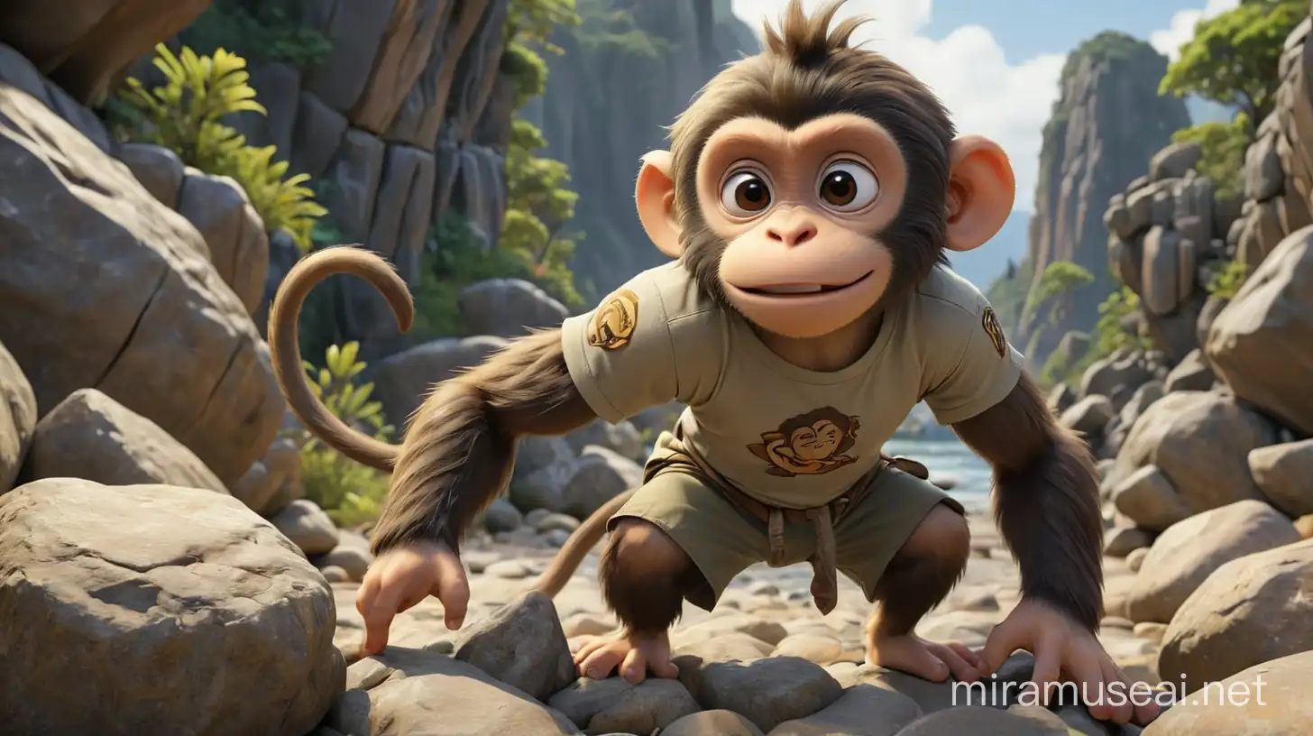 /imagine prompt: 3D, personality: The monkey wearing shorts and T shirt. The monkey should be shown trying to move the rocks for help. The setting should show the rocks moving. unreal engine, hyper real --q 2 --v 5.2 --ar 16:9