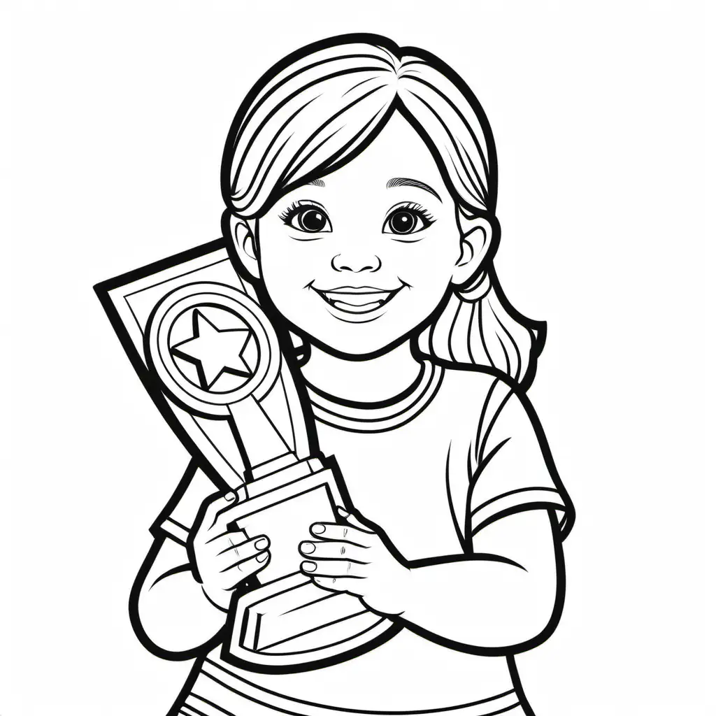 coloring book for kids, simple, adult colouring book, no detail, outline no color, a toddler aged girl who is happy holding an award for first place