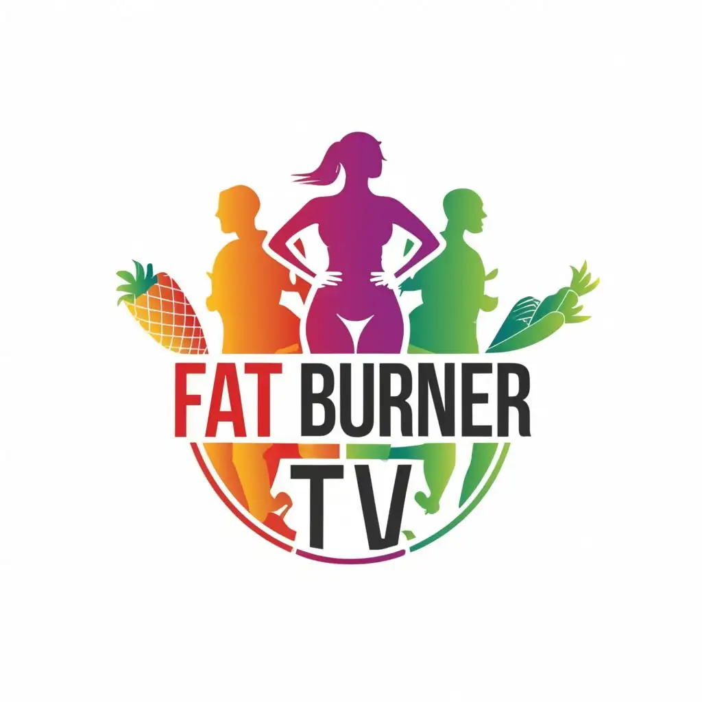 logo, Body silhouettes, Healthy food icons, with the text "Fat Burner TV", typography, be used in Sports Fitness industry
