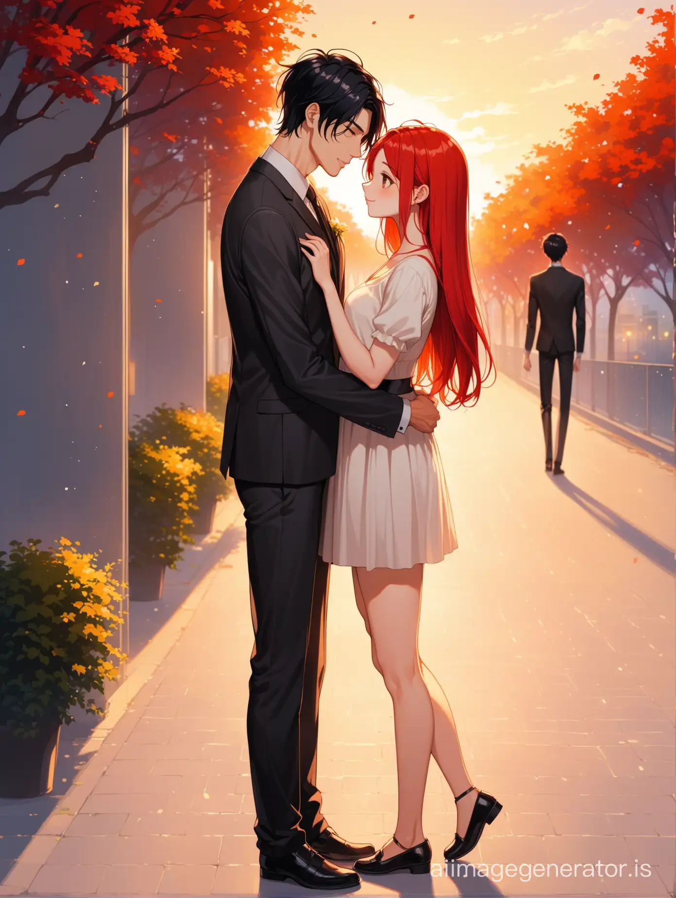 In love couple, short girl with bright red hair and tall, slender guy with black hair