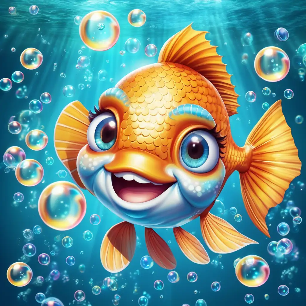 /imagine A cheerful fish surrounded by bubbles, creating a cute and bubbly atmosphere