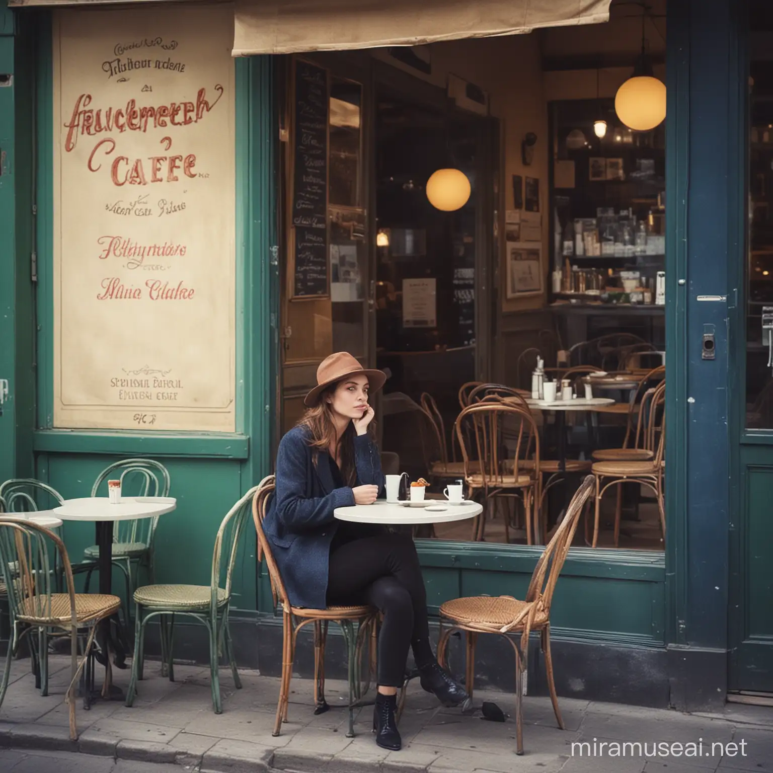 color image of a mysterious woman sitting outside a French café