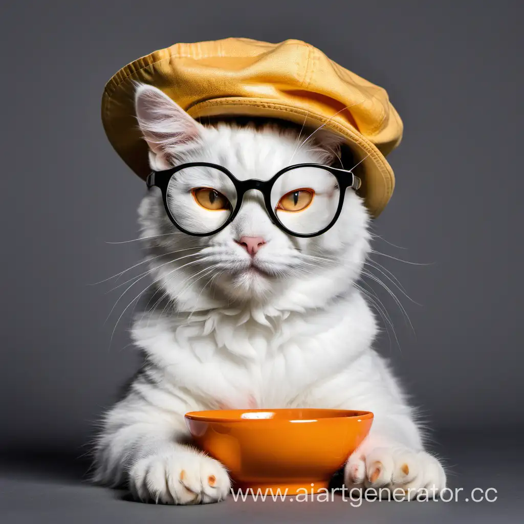 Clever-Cat-Wearing-Hat-and-Glasses-with-a-Bowl