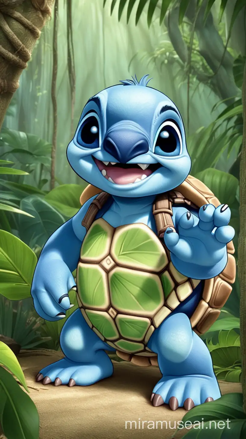 Disney Stitch déguisé en tortue. Version pixar. Dans la jungle.