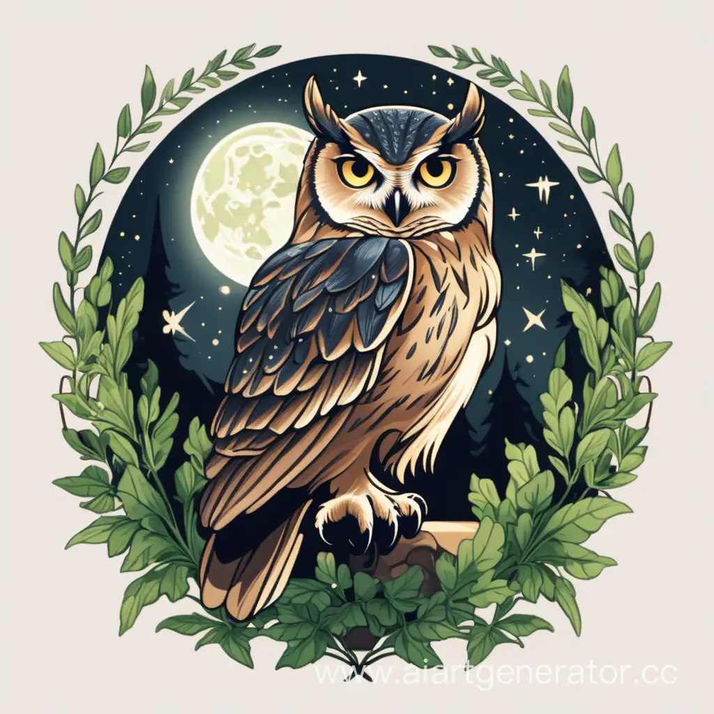 Symbol of the night owl with greenery