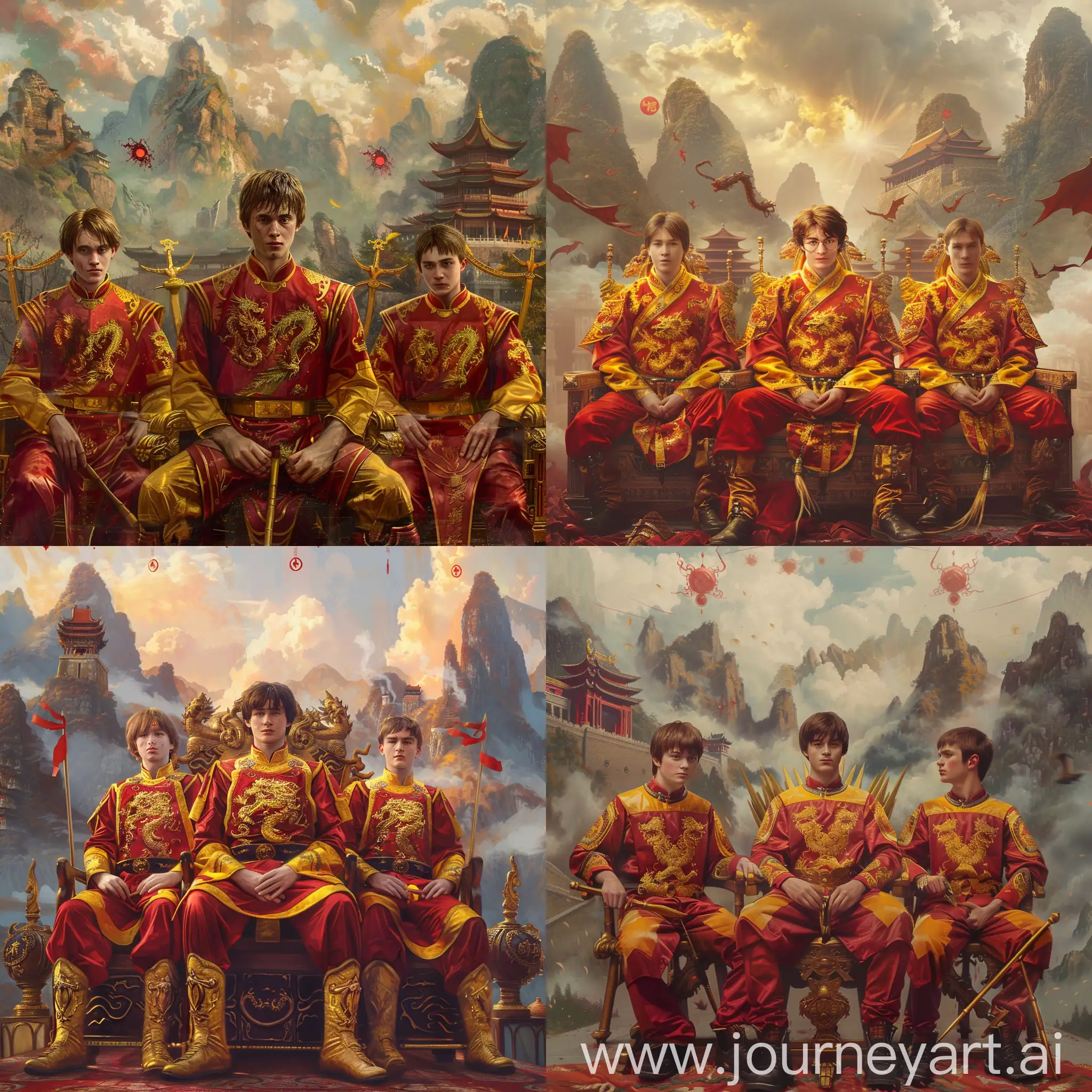 Harry-Potter-Cedric-Diggory-and-Ron-Weasley-in-Chinese-Medieval-Armor-on-Golden-Thrones