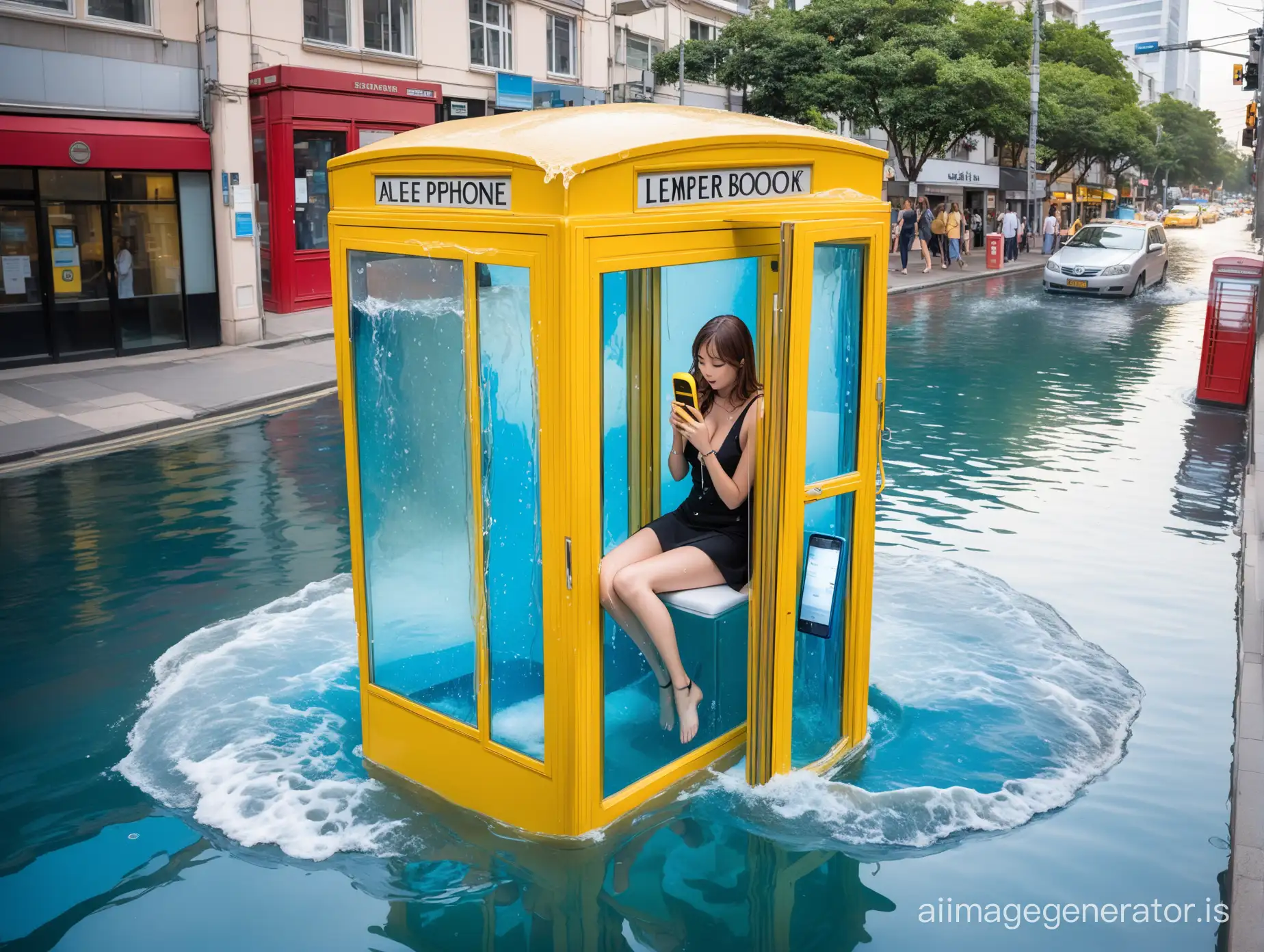 A woman floats in a fish tank in the form of a phone booth that is entirely filled from top to bottom with sloshing water as she uses the phone. The phone booth contains all of the water inside. The setting is a modern stret corner. A yellow phone book floats in the water inside.