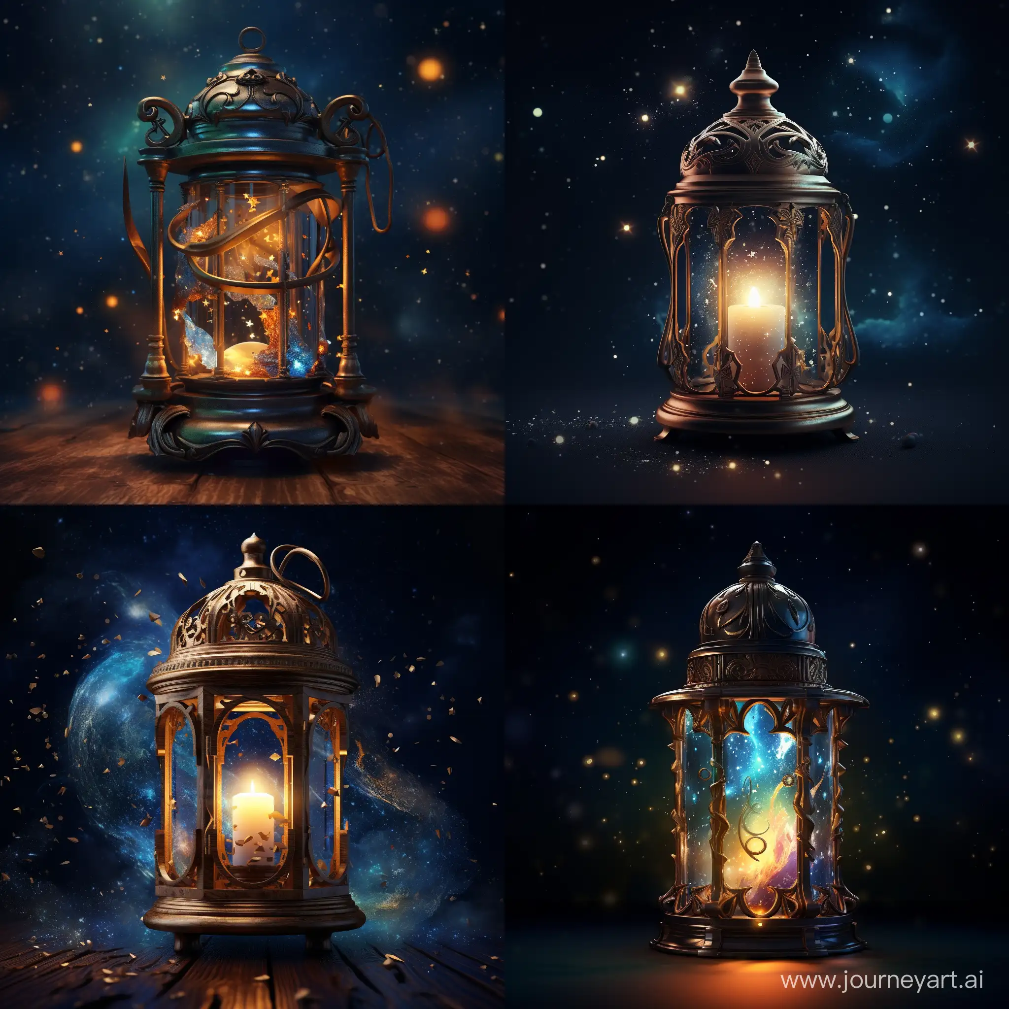фонарь со свечой внутри, находящийся в магическом космосе. Фонарь деревянный со стеклянными вставкам, в космосе видны галактики и звёзды
