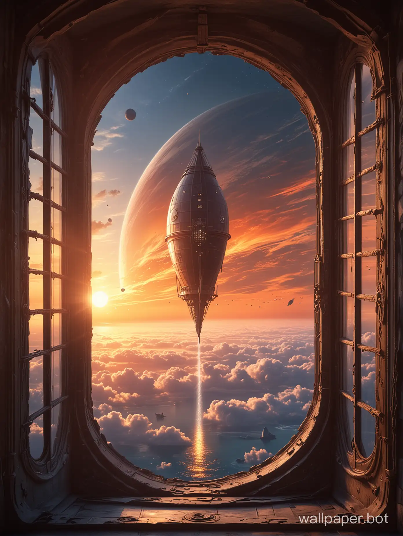A narrow window into a fantastic space with a planet. fantastic tower against sunset background. There is an airship with sails in the sky. High resolution. Very definition.  sci-fi. Anime