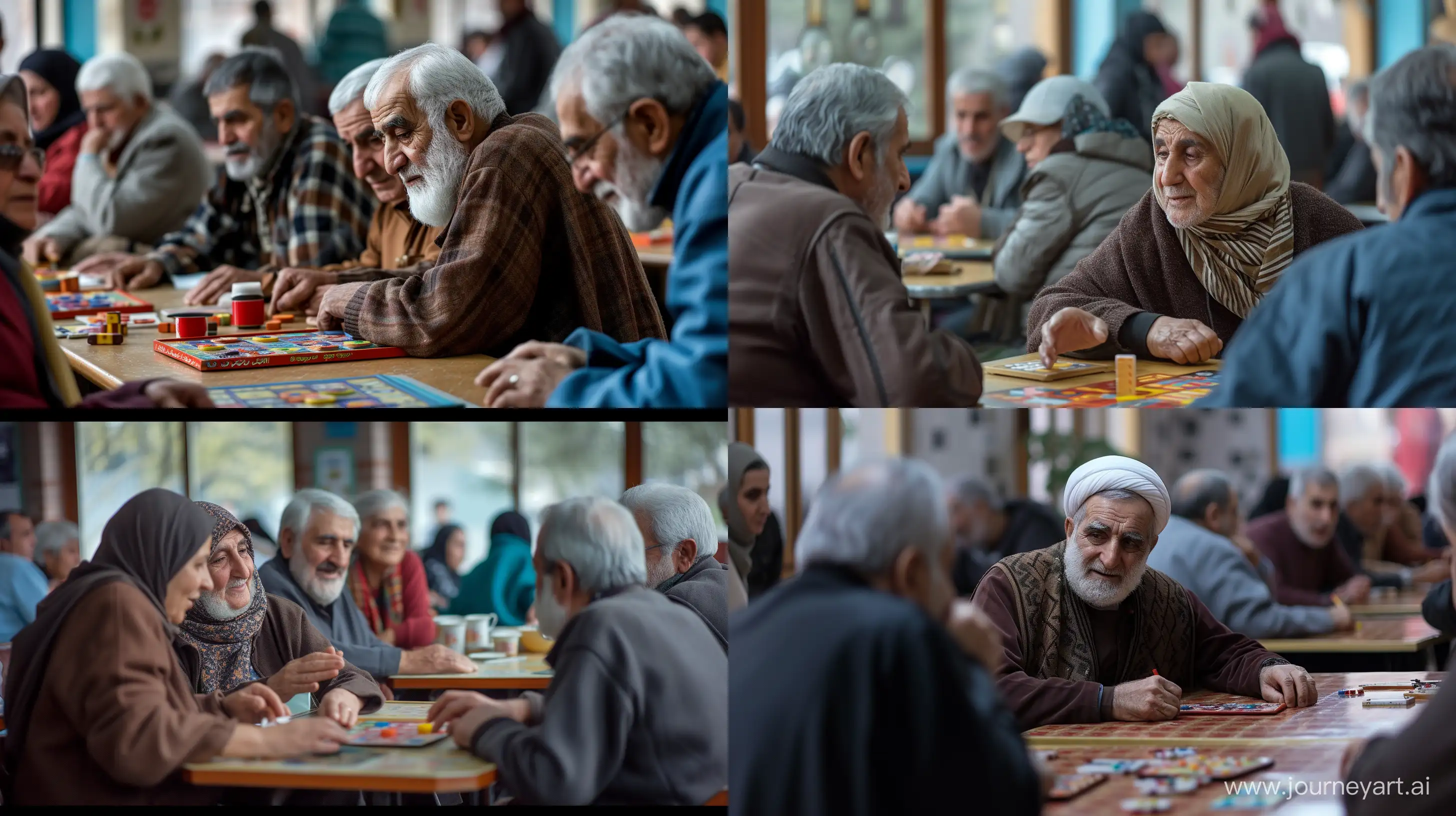 /imagine prompt: The Tabriz social security insurance retirement center, a close-up scene in the lively communal area where retirees gather, each individual's face reflecting years of wisdom and unique life experiences as they engage in heartfelt conversations, play board games and talking, and share laughter, the details capturing the diverse expressions and emotions of the elderly community, camera position is level with the tables, Photo from a distance, four or five tables, Photography, 85mm lens at f/1.4, emphasizing depth of field and nuanced facial features, --ar 16:9