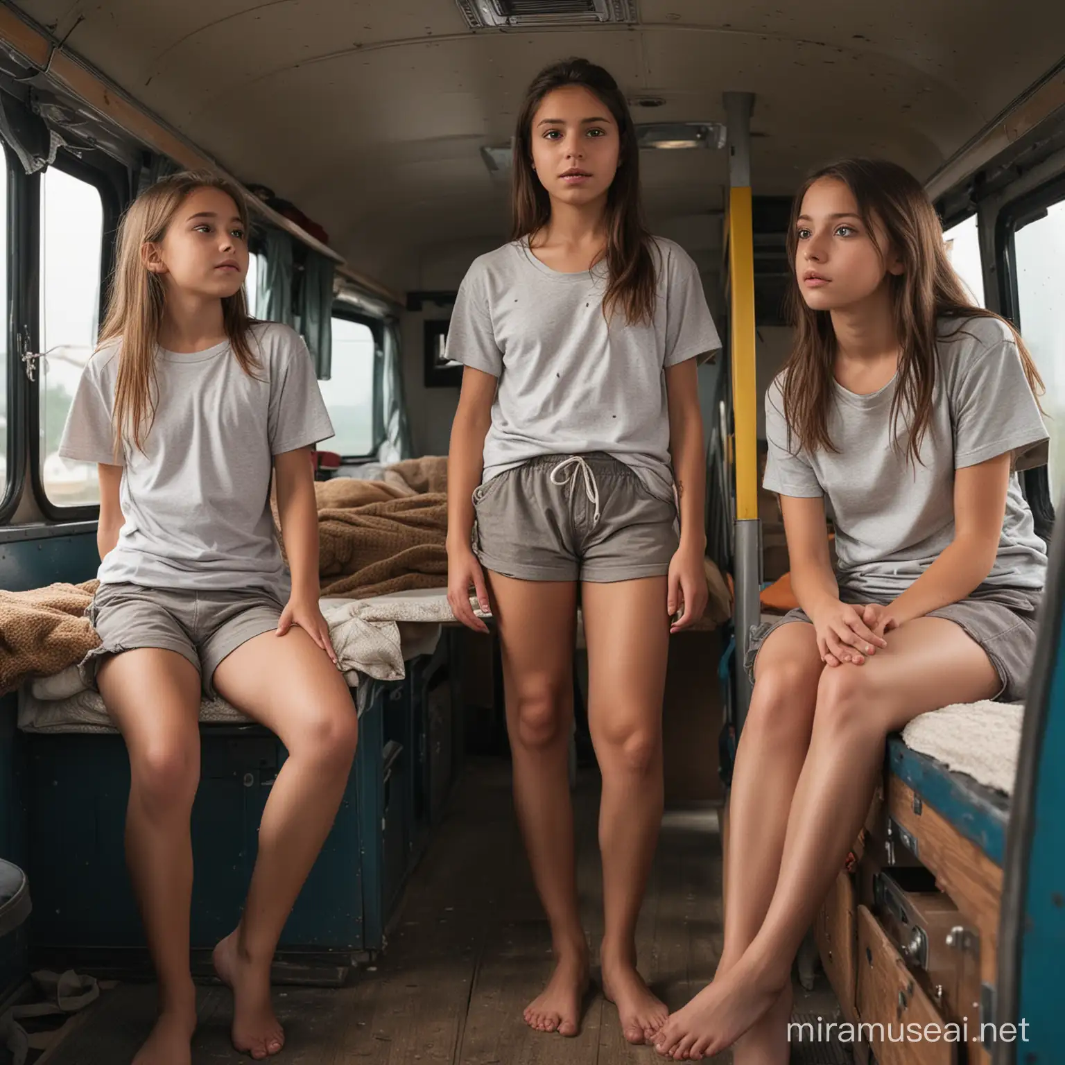 (Focus on full body image of three young female very early young middle school students, 10 to 13 years old), very small slim three girls but one a bit curvy, side-viewed, very pale german-italian and very dark black tanned indian, tired and very exhausted, sweaty unwashed messy open long hair coming down, all looking up very shy and very timid biting their lips, untrained soft body, some slightly curvy or a bit chubby, with distinct facial features, close together facing eachother seen full person from front above looking up to viewer, headpat pose inside an old large bus refitted as camper van with bunkbed and cozy interior, dimmed night ambience, with lots of bedrolls and blankets lying arround), (kneeing seen full body length from side or back angle), (cute headpat pose looking up), beeing on knees seen sideways or backways in full body looking to viewer, full body view, turning face to viewer, on knees seen from front. Very detailled face with expressive eyes, almond-shaped eyes, with eye make-up. ((wearing soft loose cotton dirtstained lightgrey homewear pants and tight skinny short top, worn-out and sweaty from travelling)). Seen from front, full body image, whole body view. Ultra high definition, very detailled face, very detailled scene, photo authentic. Rich skin and clothing texture. ((Dimmed evening light)), (dark night ambience)
