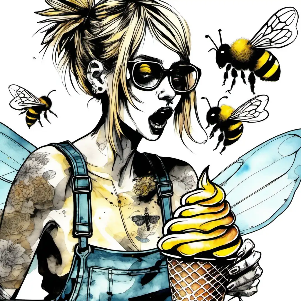 A slim punk girl is eating ice cream, while a large bee is flying around, ink art style, watercolors 