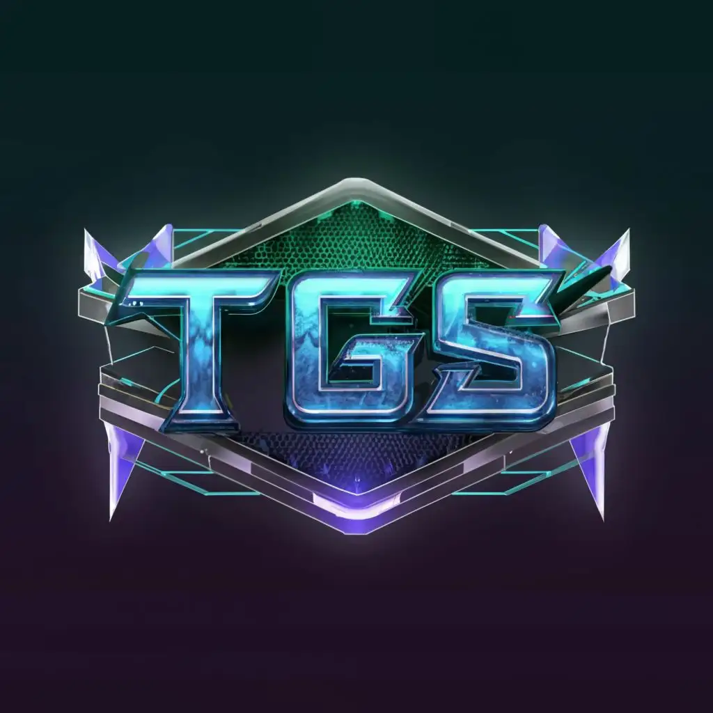 a logo design,with the text "T-G-S", main symbol:a logo design,with the text "T-G-S", main symbol:computer screen with RPG video game aesthetic, letters are in a cool font, [colors are purple, teal, black, blue, green, darker colors], 3D graphics, dragon head in the background 50% opaque with blue-green flames coming out of mouth, galaxies in the background, swirling