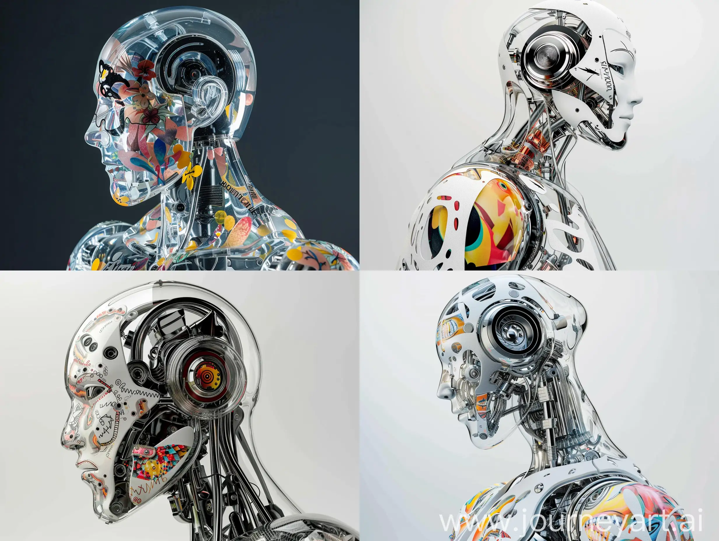 a glass humanoid robot with abstract tattoo and a tattoo with the name motivbreaks