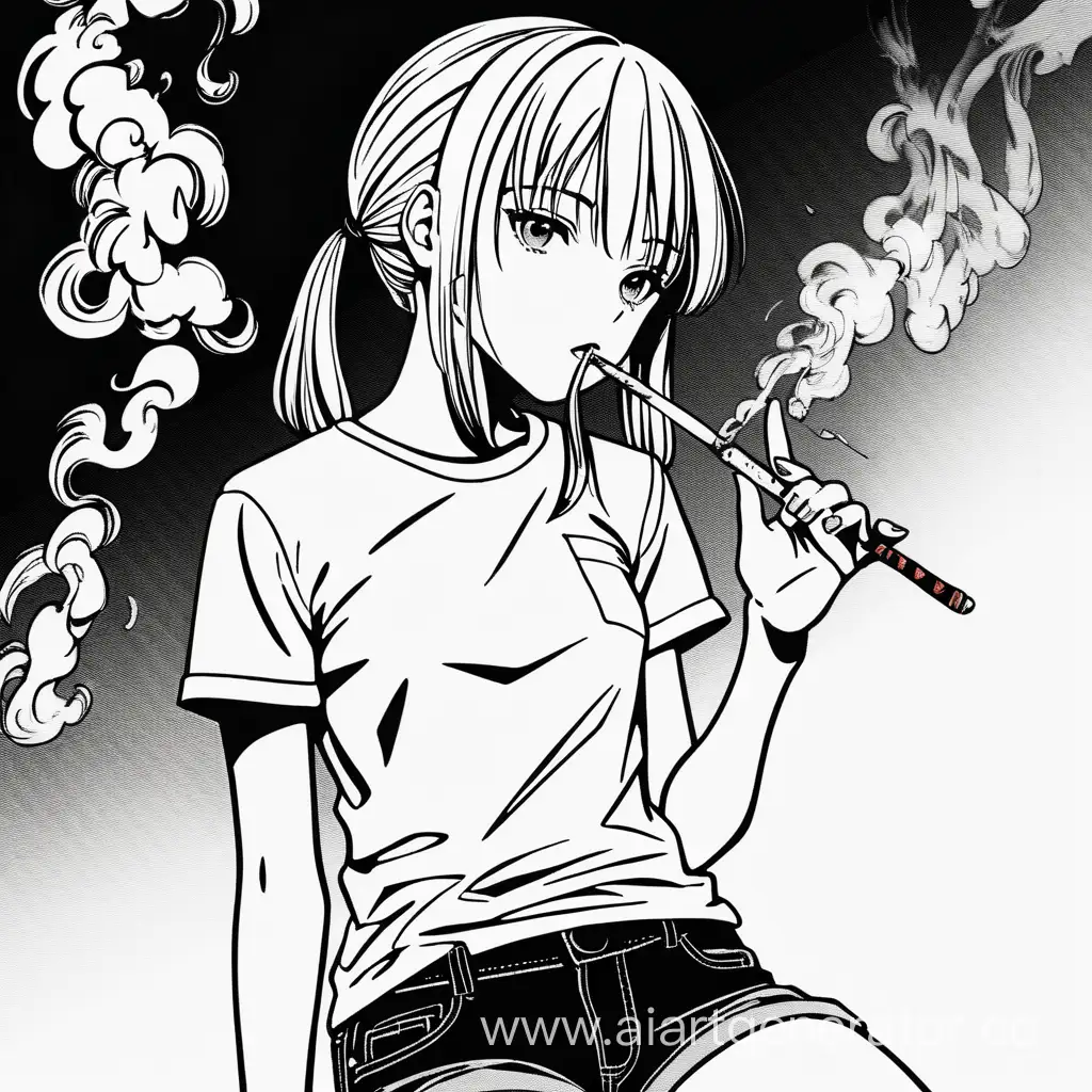 Арт в стиле черно белой  манги где лоли девочка со светлым карэ и белой майке что свисает ниже колен с ножом в руке курит сигарету