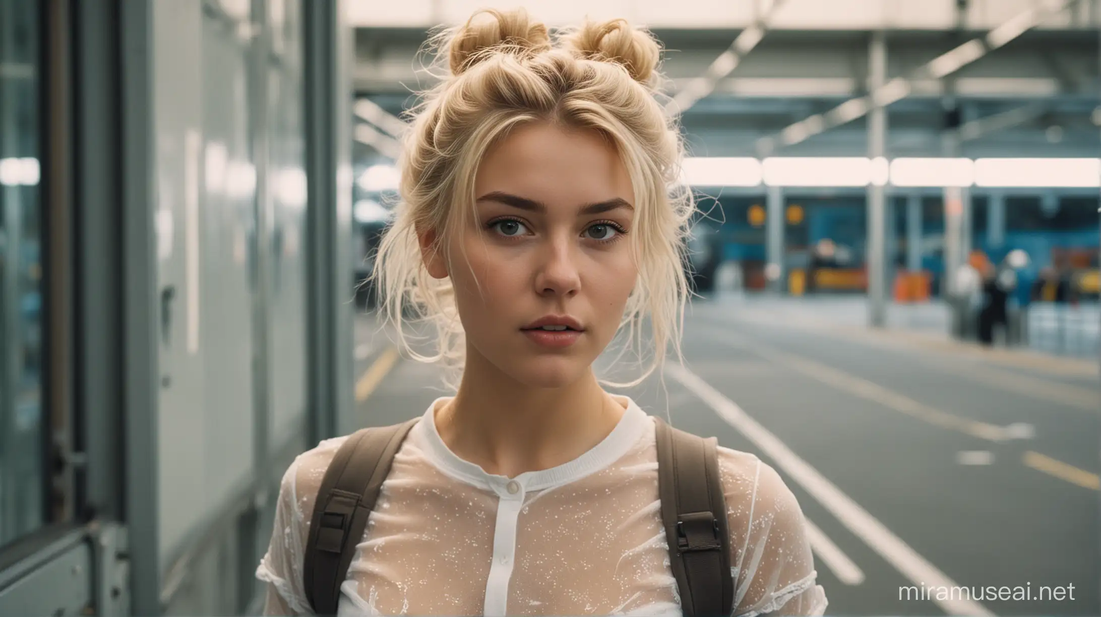 film photography, light fabric, using a 35mm lens, f/2, HD, Bokeh, Intricately detailed, film, grain, Beautiful Photogenic Nordic girl with blonde messy hair with hair buns hairstyle, realistic skin, gorgeous attractive voluptuous body, standing in flight terminal gate, tight clothing, science fiction cyber theme, photo