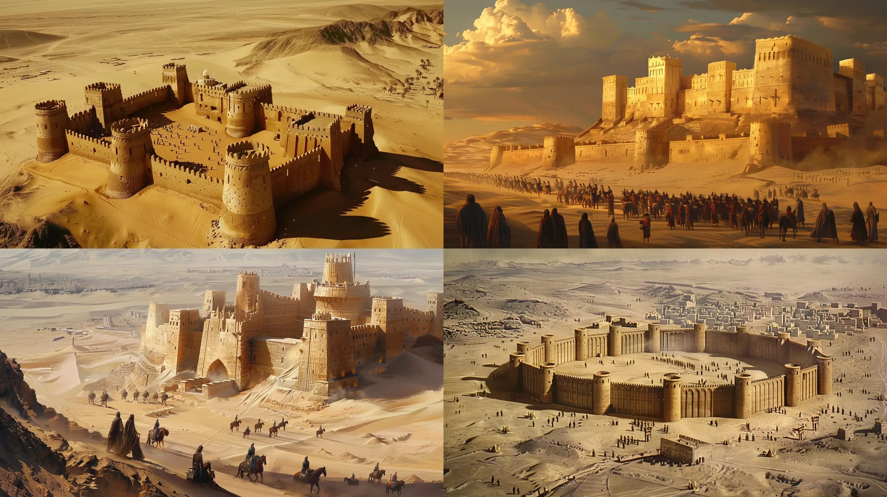 Muslims surround the 8 forts of Khaybar in the deserts of Arabia, artistic style --ar 16:9