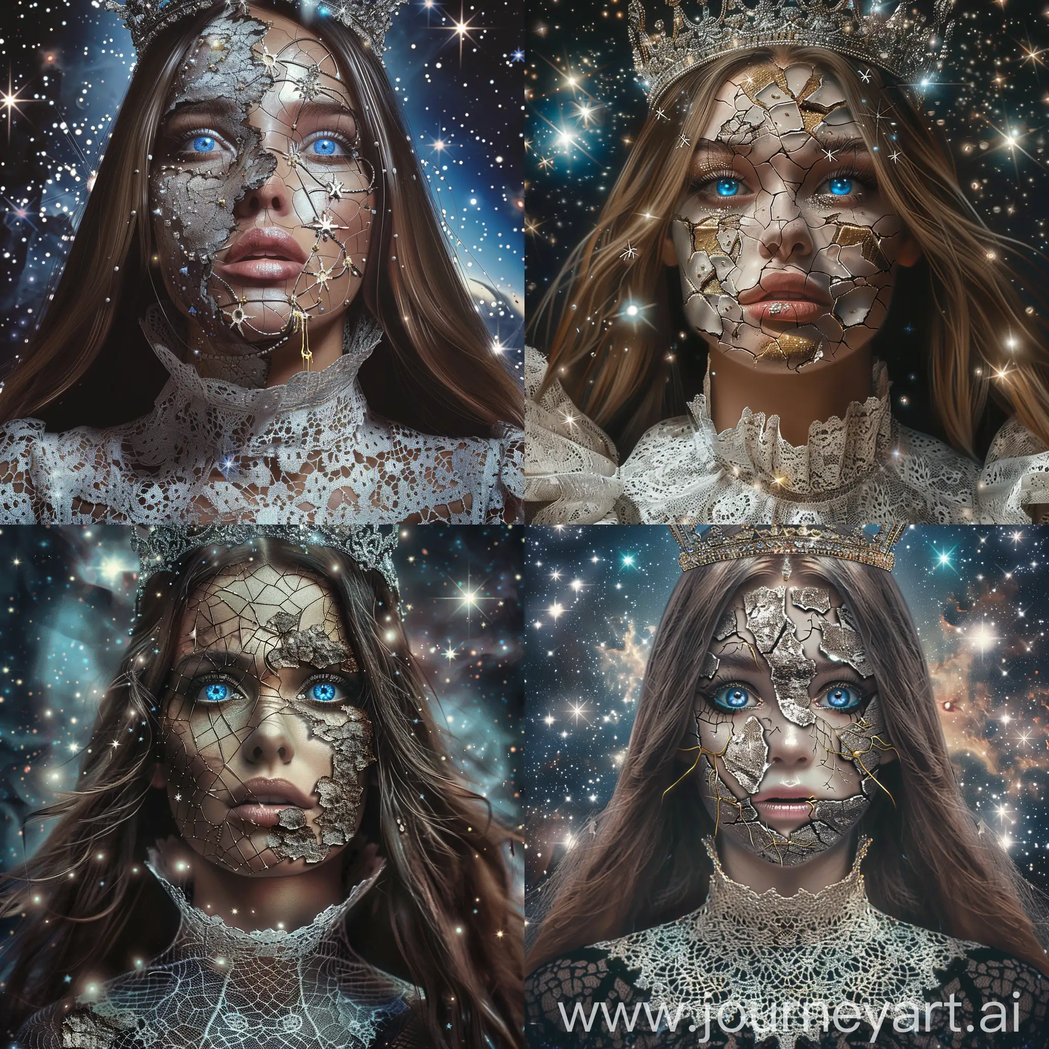 a wonderful breathtaking surreal image of a beautiful woman with, long hair , wearing  a crown  sad blue eyes. High lace collar and a cracked beautiful face with silver repairings with shiny golden dendritic glue among the cracks of the face, ultradetailed image. Background  with  bright  stars