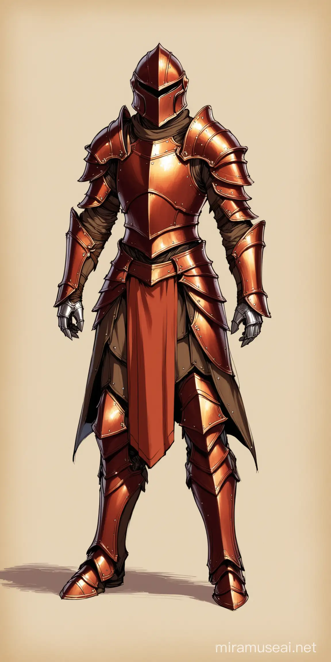 fantasy armor, male, iron, tan and brown and red, helmet, leather straps, fabric accents, concept art