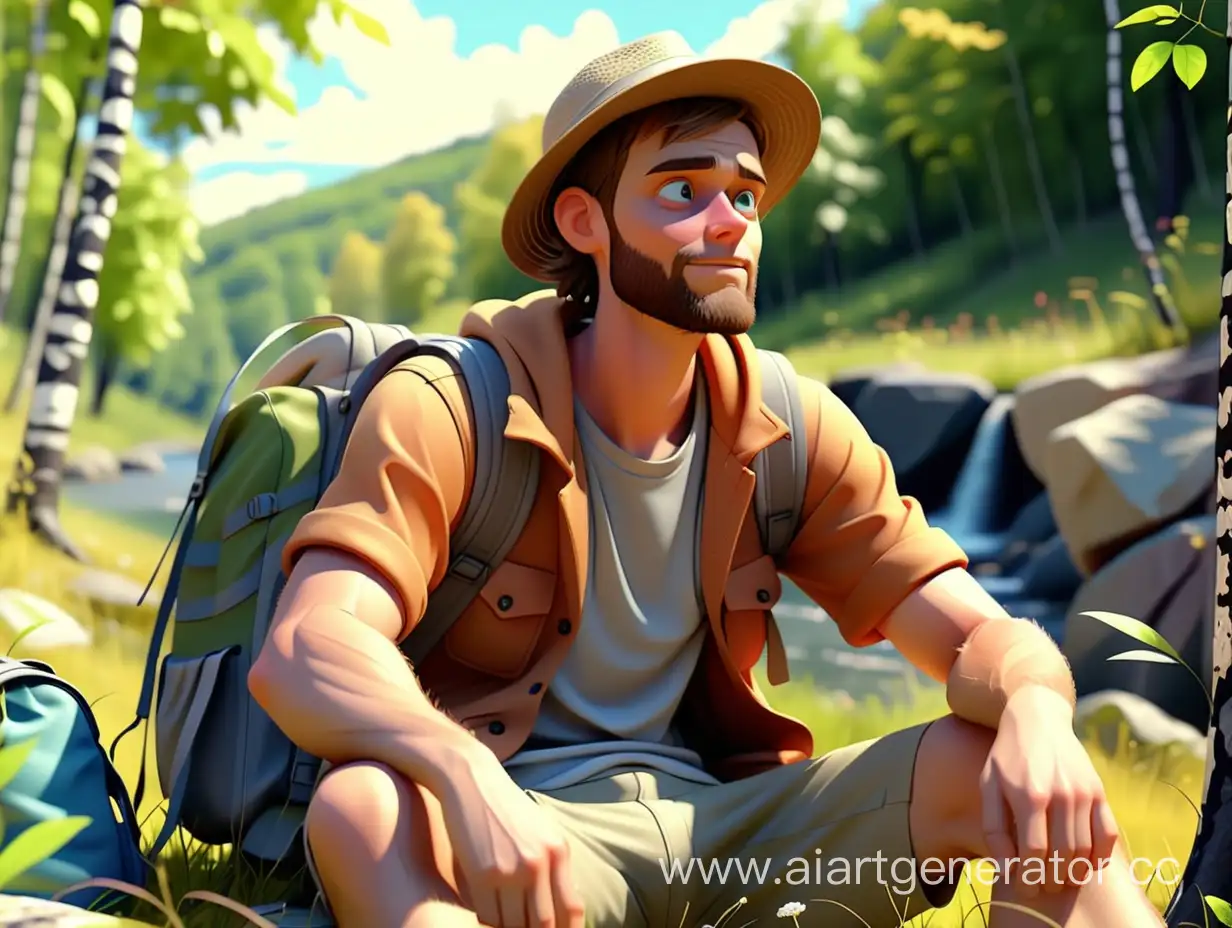 парень турист сидит на природе днем реалистичная анимация