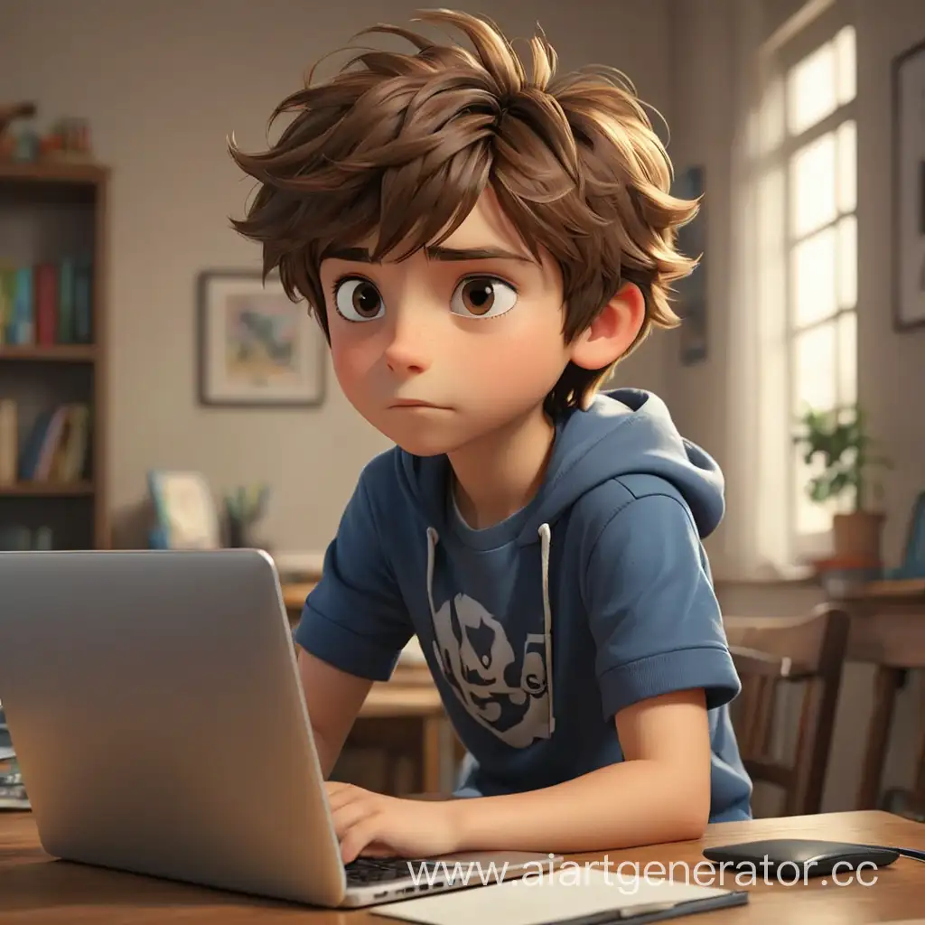 3d boy 8 years old sitting at a laptop, brown hair