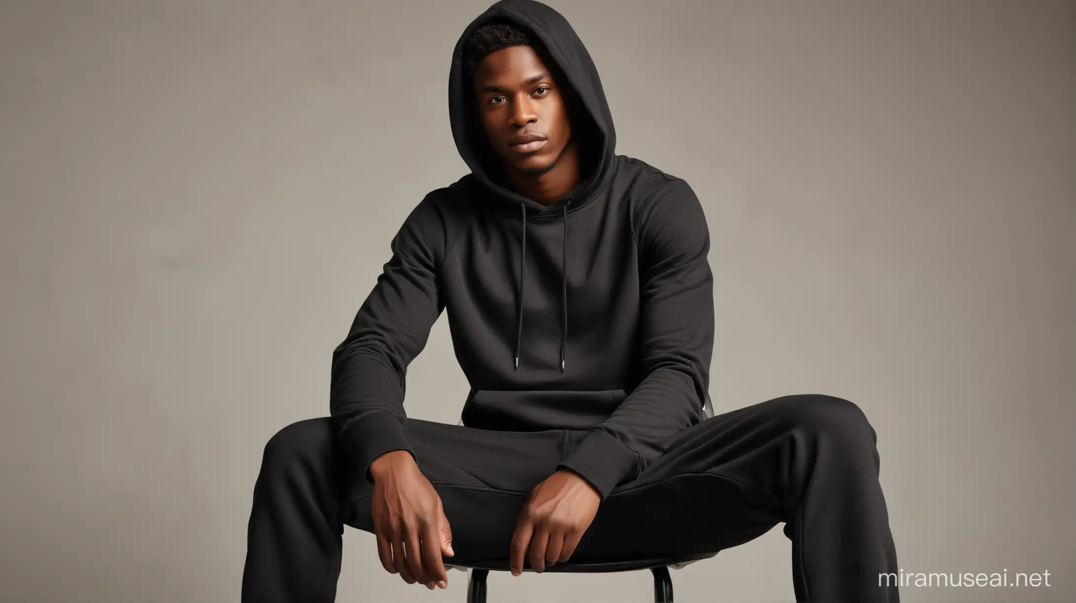 black man model full body sitting down in a chair with a plain black hoodie on and plain black jogging pants on