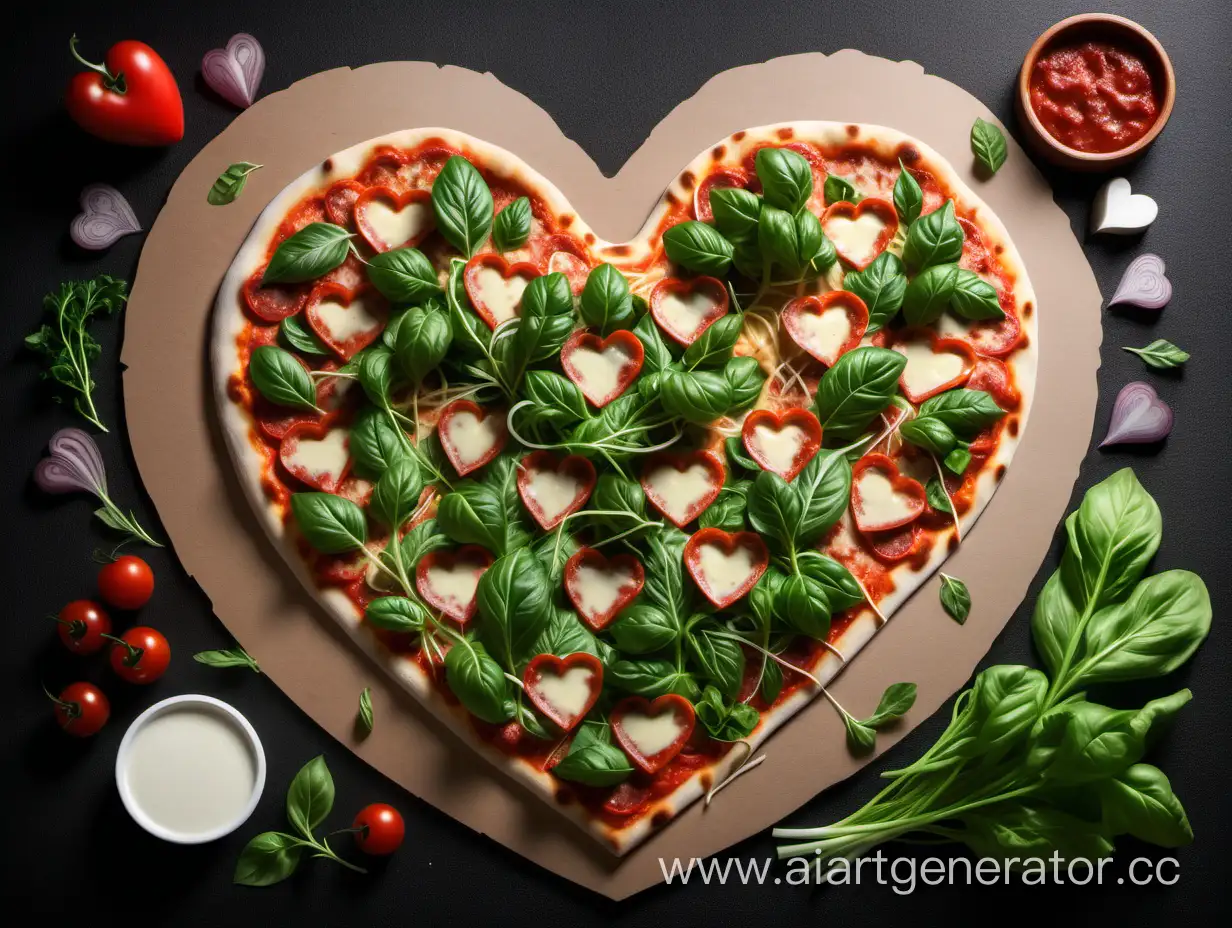 аппетитная пицца в форме сердца с зеленью и сыром