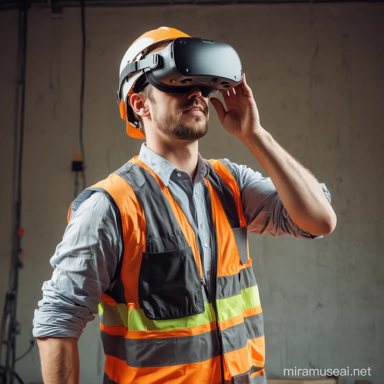 un ouvrier du bâtiment vu entièrement porte un casque de réalité virtuelle. il montre quelque chose devant lui