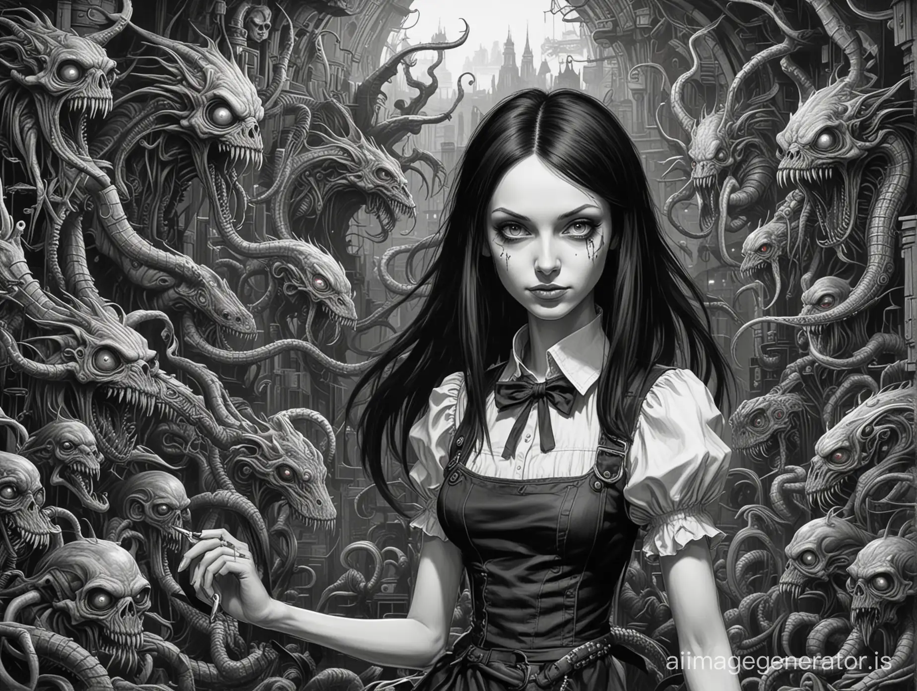 draw american mcgee's alice in a cyberpunk setting, adding more lovecraftian horror in the background, in the style of Banksy, if he drew pastels like Mane, in black and white with increased contrast, leaving red for outlines and contours
