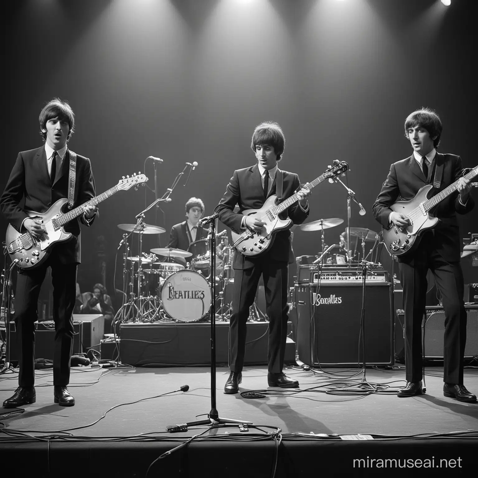 Band in einer Besetzung wie die Beatles (mit Gitarre, Bass, Mikrofonen und Gitarrenverstärkern) auf einer kleinen Bühne, als Retro-Schwarzweiß-Foto. Der Blickwinkel soll von unten auf die Bühne gehen.   
 