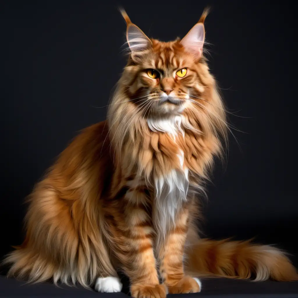 orange, long hair, smooshed face, gold eyes, cat, scowling expression, maine coon, full body