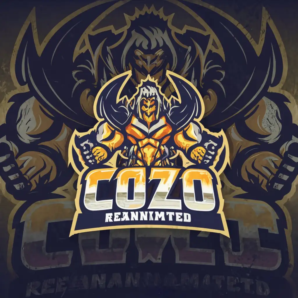 a logo design,with the text "COZO
Reanimated", main symbol:World of warcraft, Fury Warrior,  with 2 axes
Gold


,Moderate,clear background