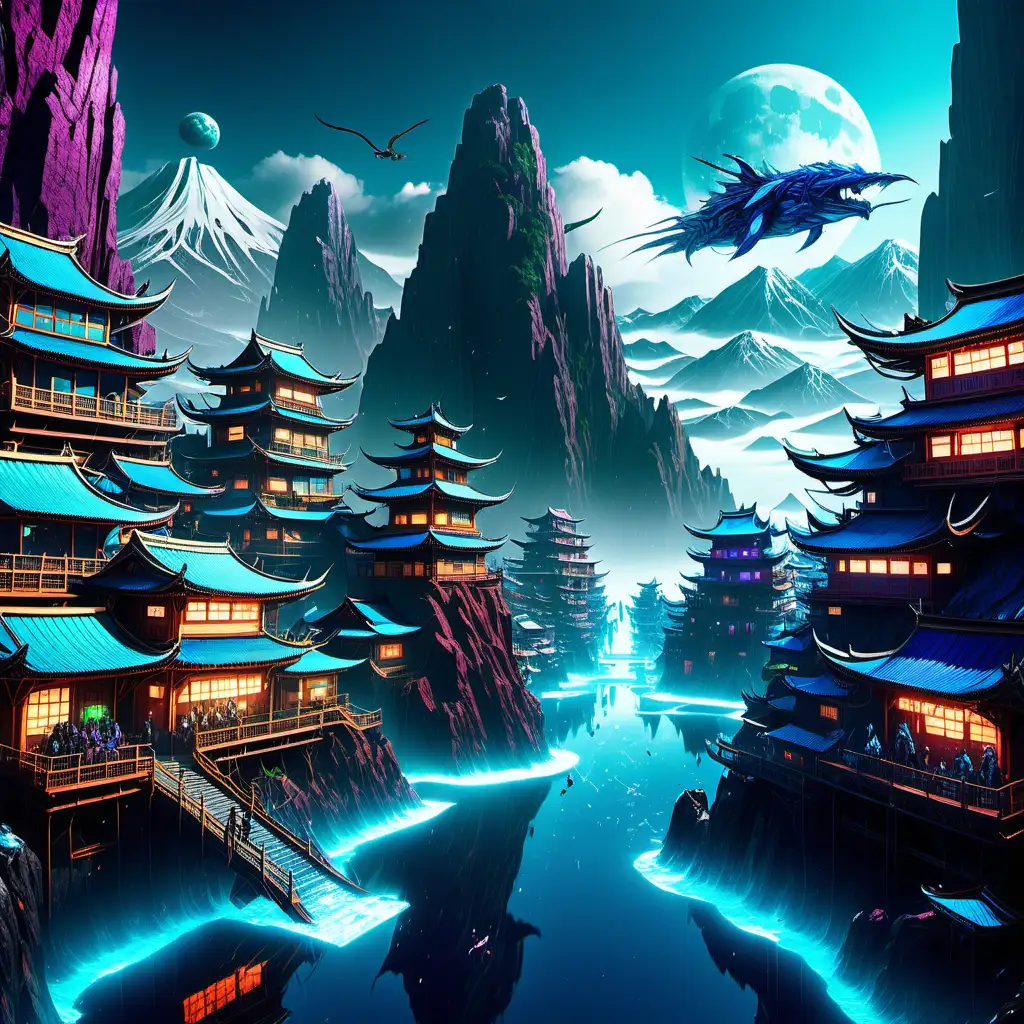 Enchanting Cyberpunk Kingdom Majestic Japanesethemed Landscape with Multicolor Lights
