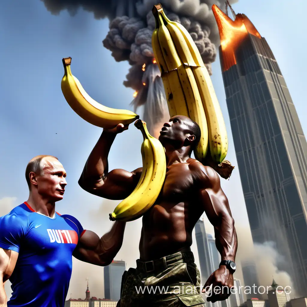 накаченный Нигер держит в руках российского и украинского солдата на фоне взрыва в форме банановой кожуры, где над ним летит Путин в башни близнецы 
