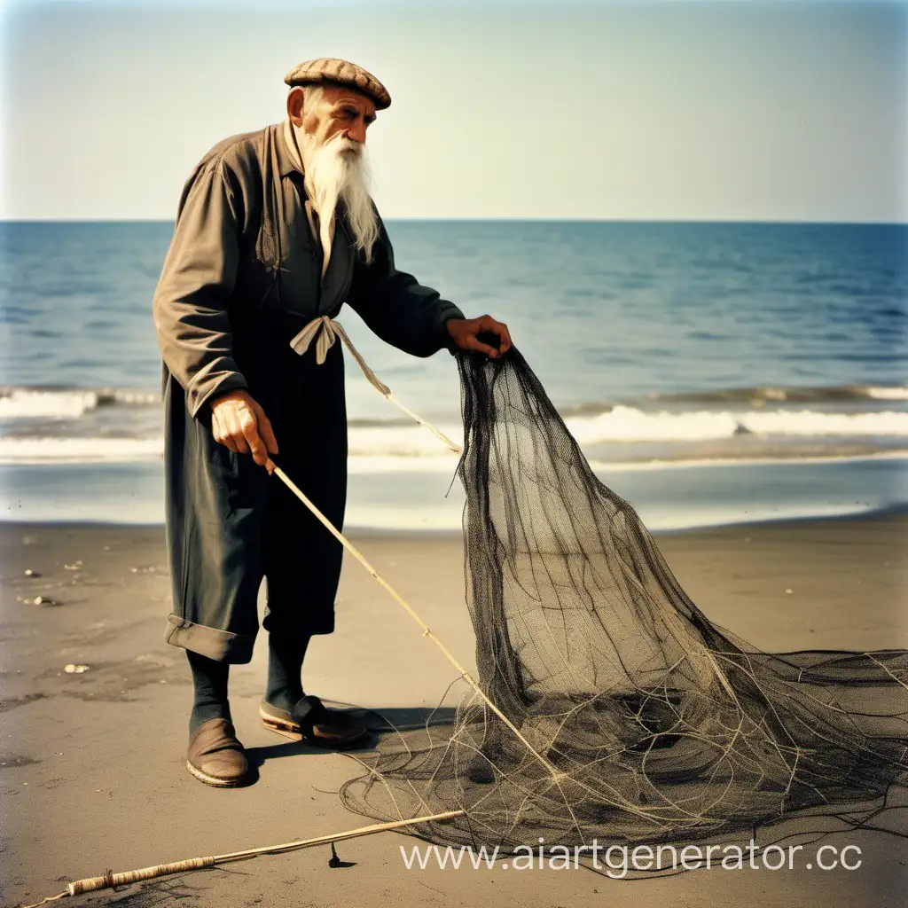 Russian-Empire-Coastal-Fishing-Grandfather-Casting-Net-by-the-Sea