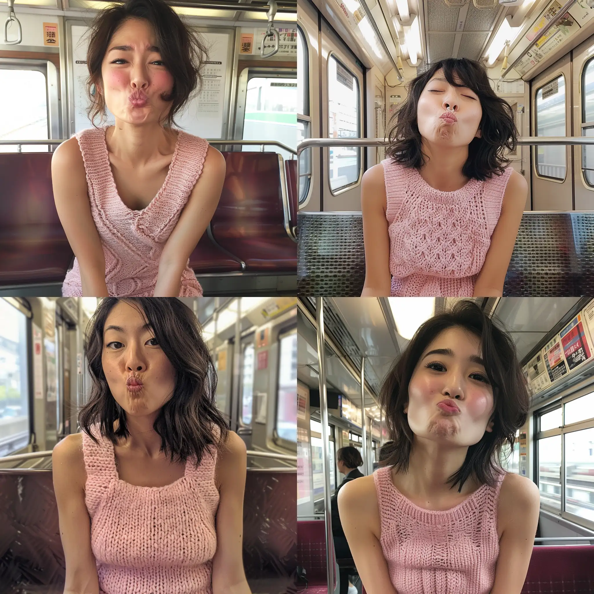 Japanese-Woman-Making-Funny-Face-in-Pink-Knitted-Dress-on-Subway