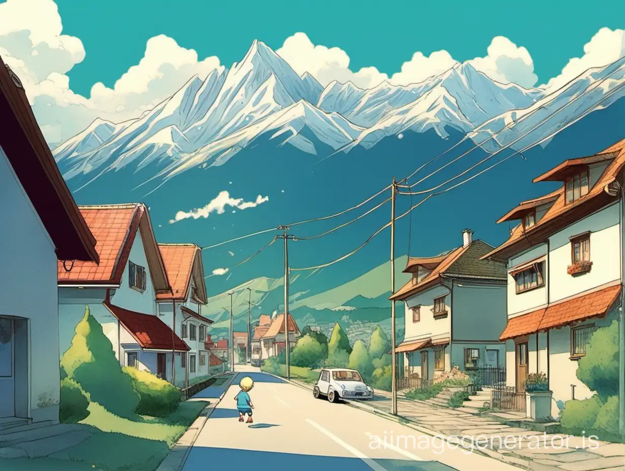a small town, between two mountains in the distance, a high mountain with snowy peaks in the foreground, a road with cars on the road, houses in the town small in 2-3 floors with balconies and well-kept lawns between the houses near one of the houses on the right sits a girl with white hair in a bright blue dress near another house on the left boys are playing tennis bright sunny day light clouds in the blue sky