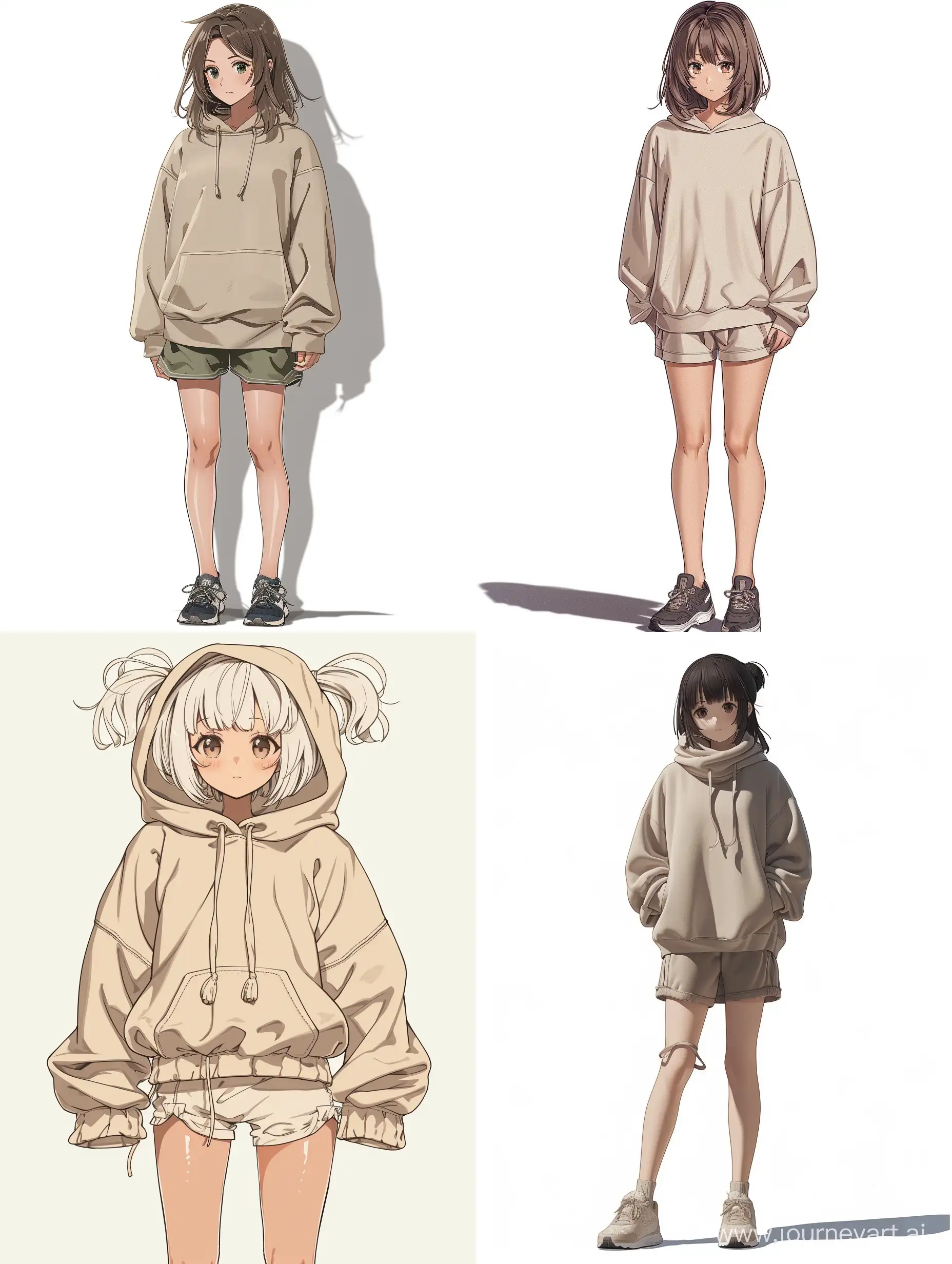 The girl in full growth with legs and wraps in a beige sweatshirt and shorts --v 6 --ar 3:4 --no 25845