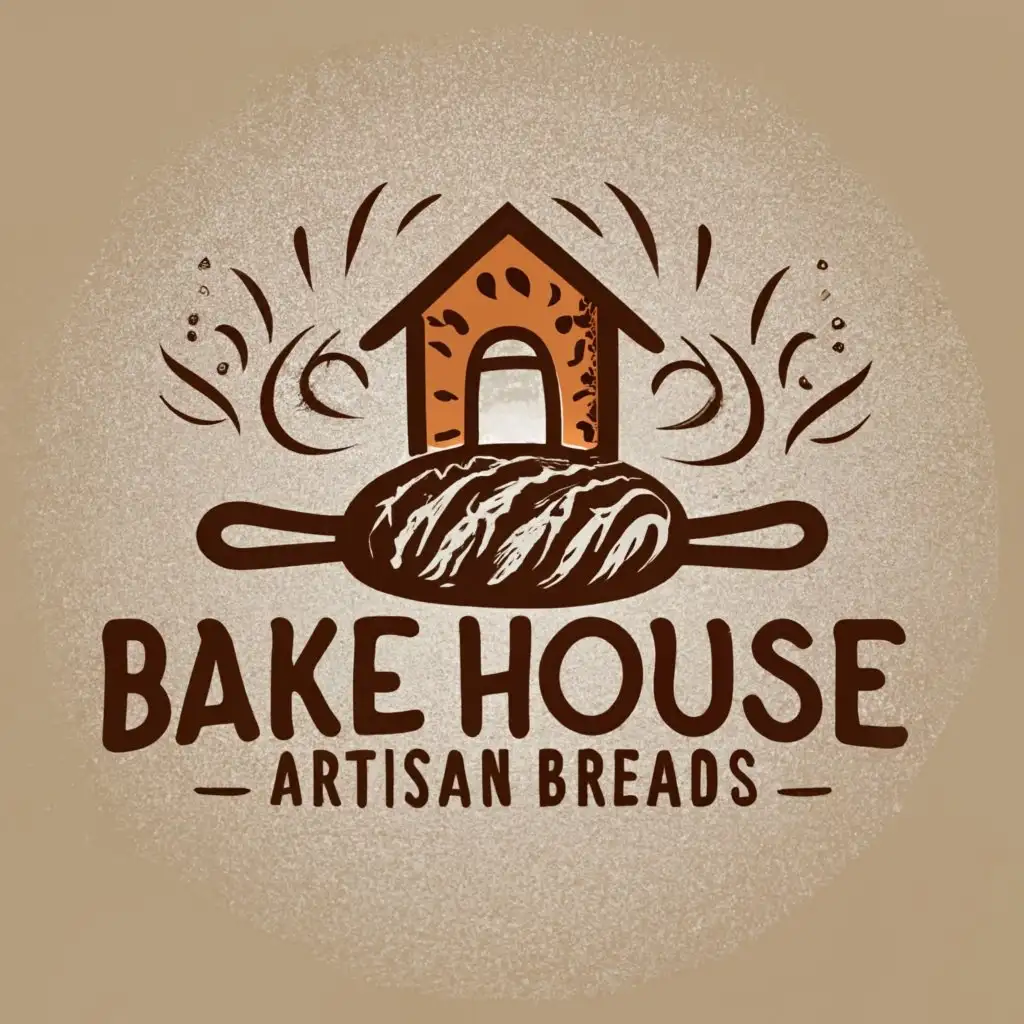 logo, rustic hand-drawn rolling pin with a small house silhouette in the center with bread in warm colors, with the text "Bake House Artisan Breads", typography, be used in  food industry