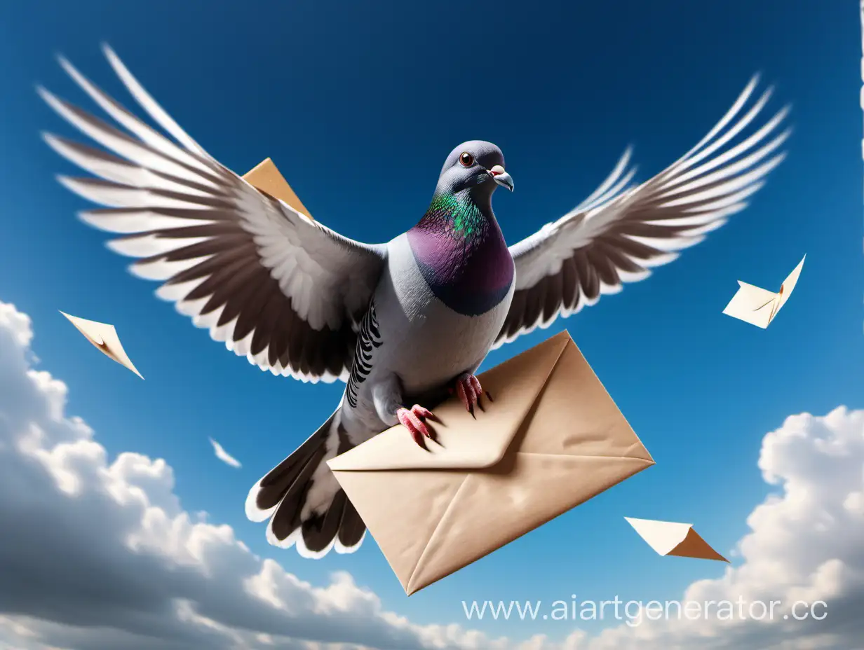 Летящий почтовый голубь в НЕБЕ летит и держит в лапах конверт

