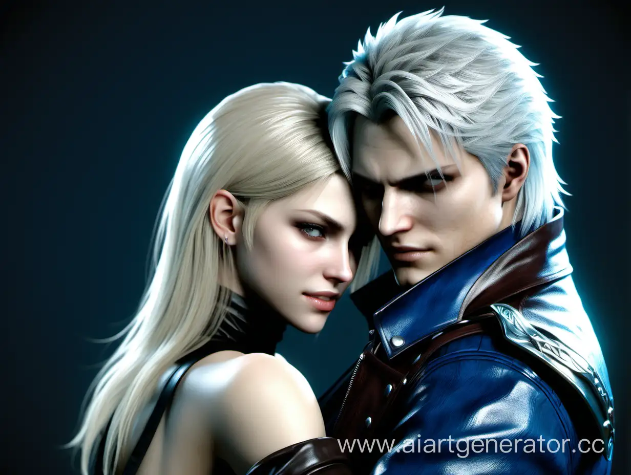 Beautiful woman devil may cry 5 with Vergil, blond long straight hair, dark brown eyes, she’s hugging Vergil from behind