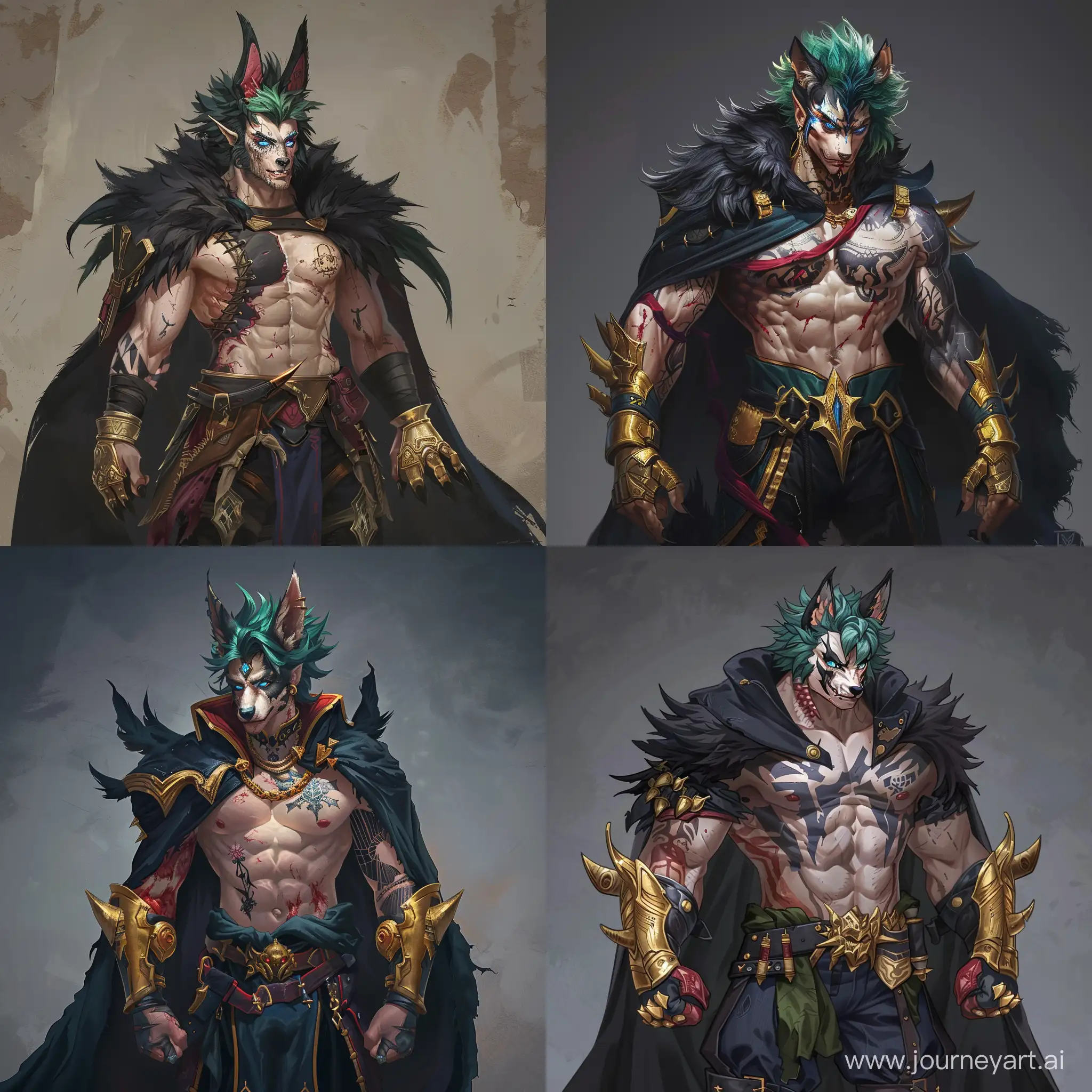 A beefy, handsome and pale half-man with the ears and tail of a black wolf. Green hair, bright blue eyes and beautiful combat clothes. He has a huge scar on his chest, and his whole face is scarred. The whole body is covered in black and red tattoos. He uses gold gauntlets as weapons. He wears a black cape on top to hide his military attire.