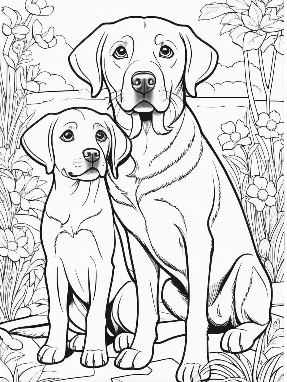 a coloring book page of a Labrador and puppy


